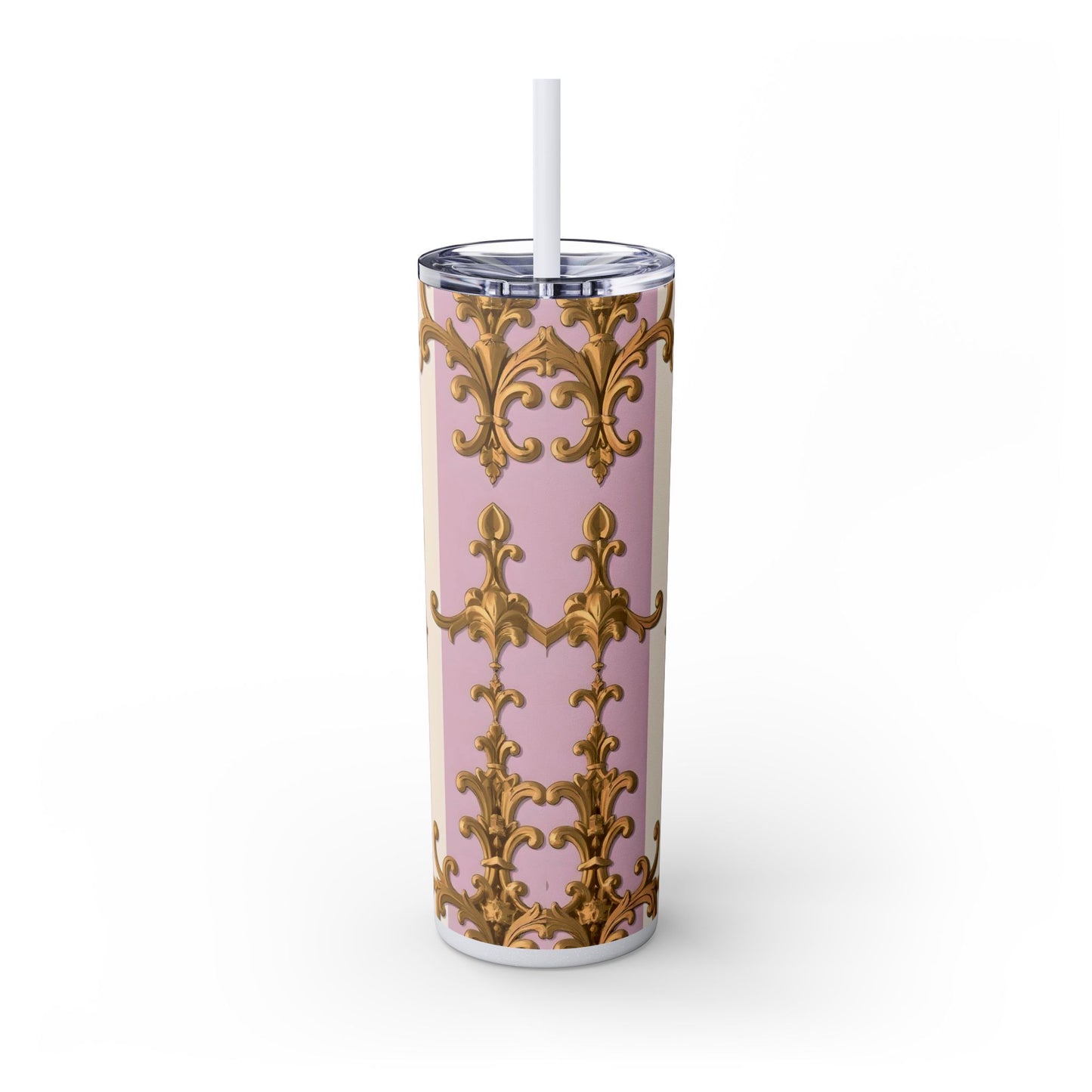Elegant Pink Tumbler, Gold Patterned Travel Cup, Insulated Drink Holder, Stylish Coffee Tumbler - Lilac & Alabaster Striped Gold Baroque