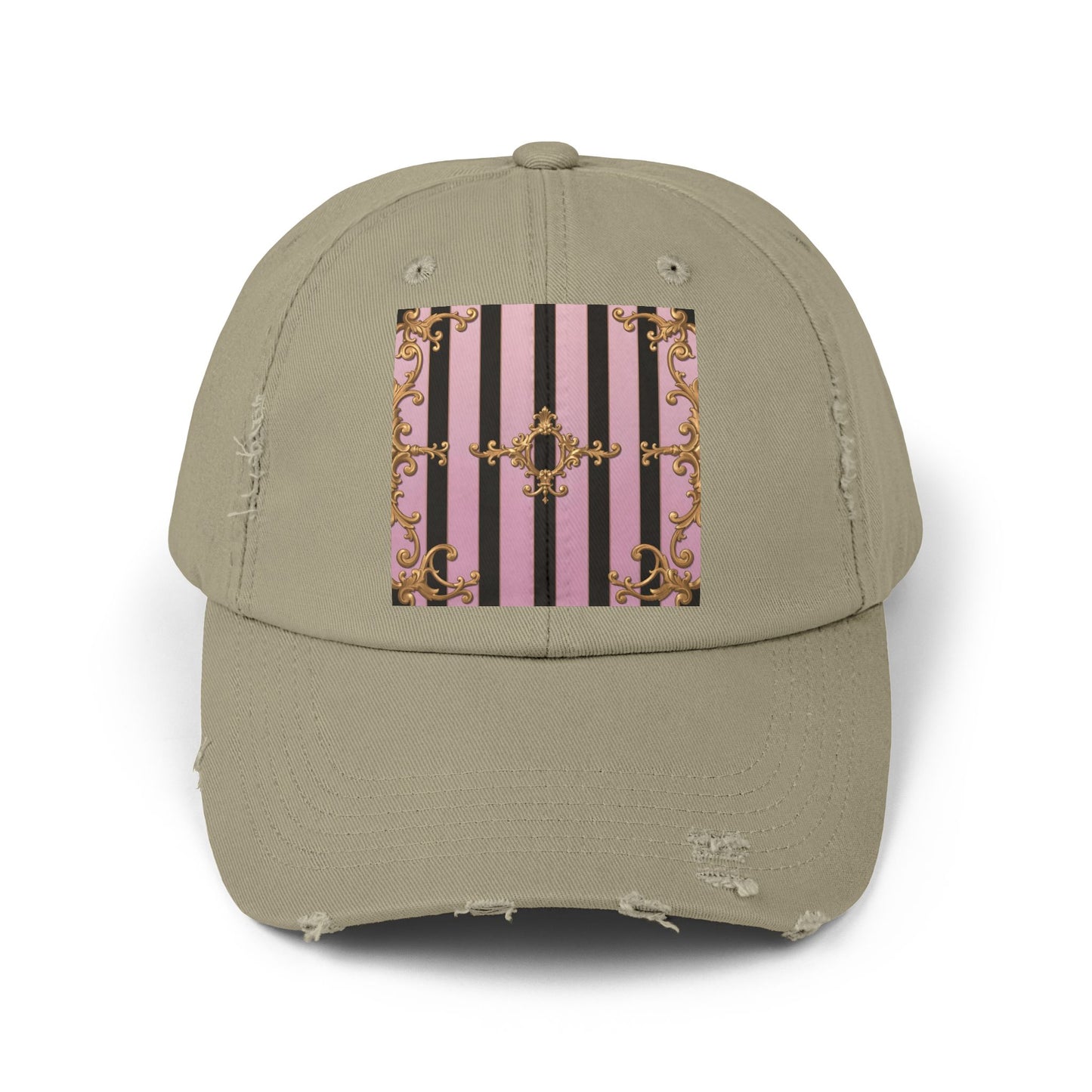 Chic Distressed Cap, Trendy Fashion Accessory, Summer Style Hat, Unique Gift for Her - Matte Lavender & Black Striped Gold Baroque