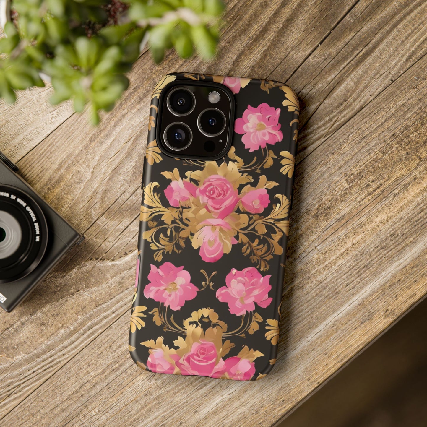 Elegant Floral Motif Phone Case - Tough Cases with Vintage Design - Pink & Gold Roses