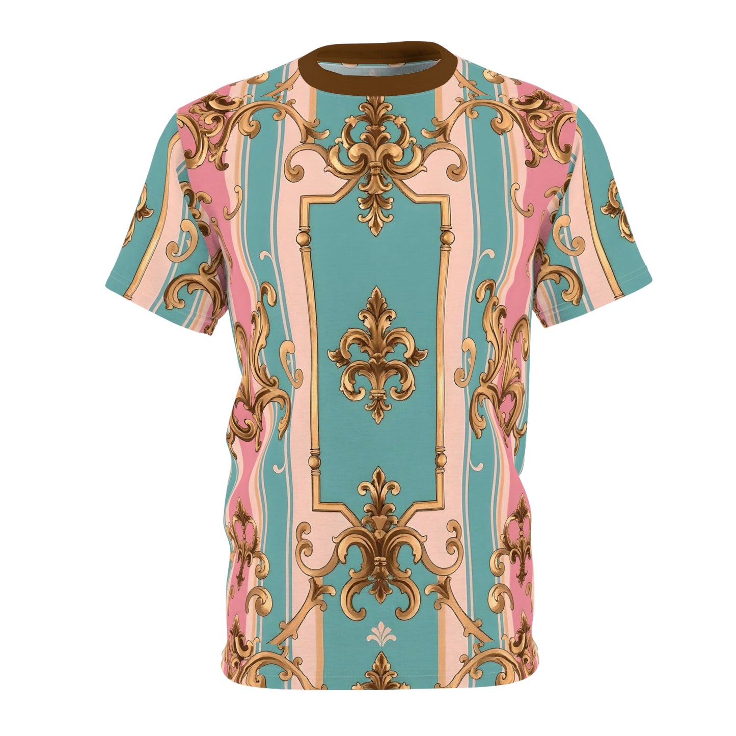 Rococo Style Unisex Cut & Sew Tee, Trendy AOP T-Shirt, Unique Graphic Tee, Fashion Statement - Pink & Matte Turquoise Striped Rococo
