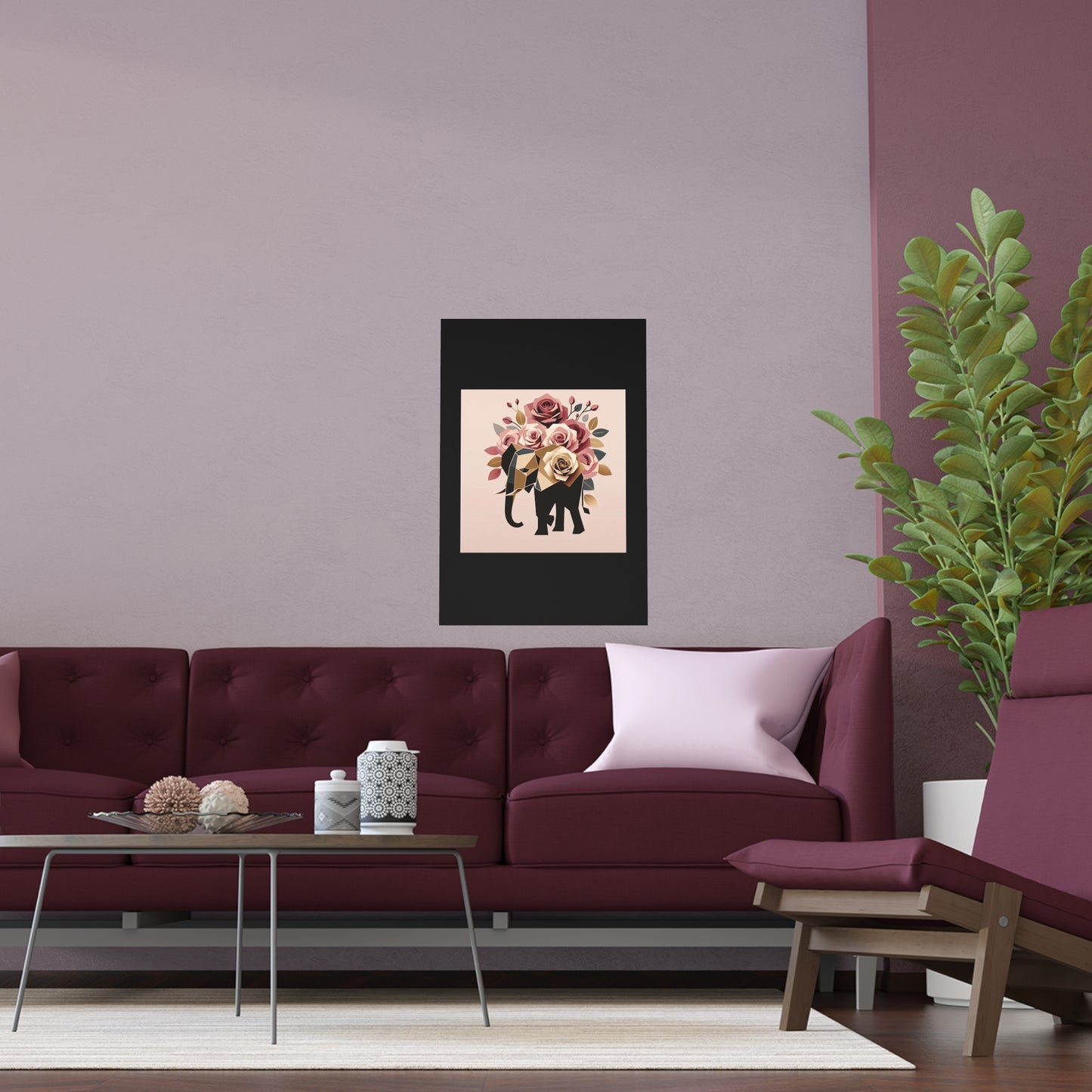 Elegant Floral Silk Poster - Indoor/Outdoor Wall Art for Home Decor - Black & Gold Elephant & Roses