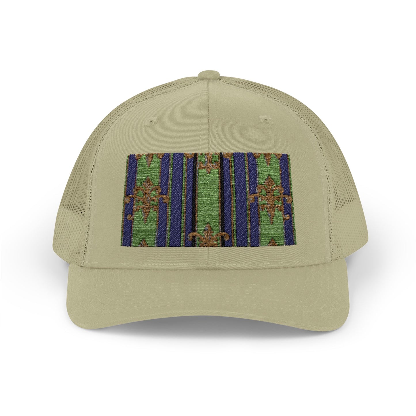 Vibrant Snapback Trucker Cap with Colorful Pattern, Baroque Hat for Festivals, Unisex Cap, Summer Accessory - Green Striped Gold Baroque