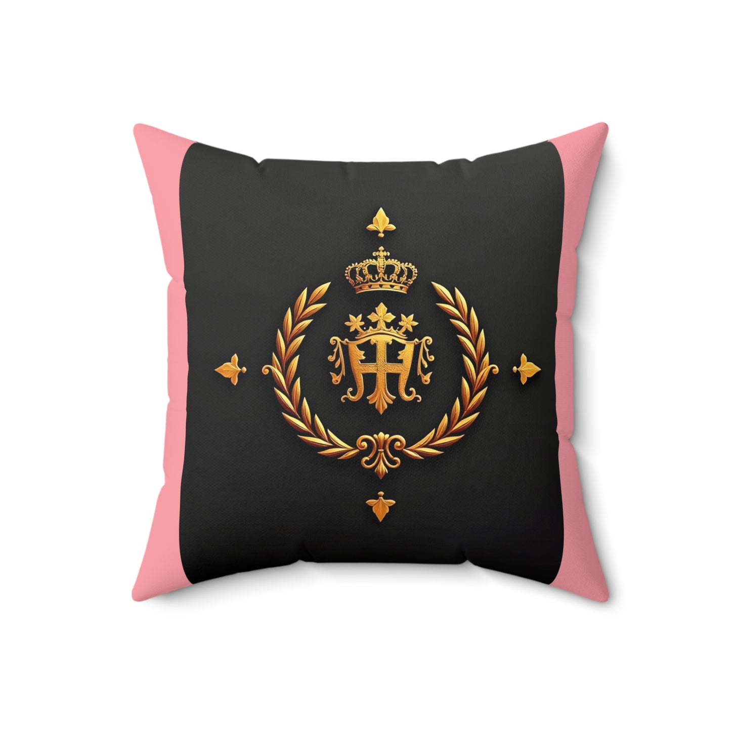 Elegant Royal Faux Suede Square Pillow, Luxury Home Decor, Cozy Gifts for Her, Crown Emblem Cushion, Stylish Accent Pillow - Pink Striped Gold Crest