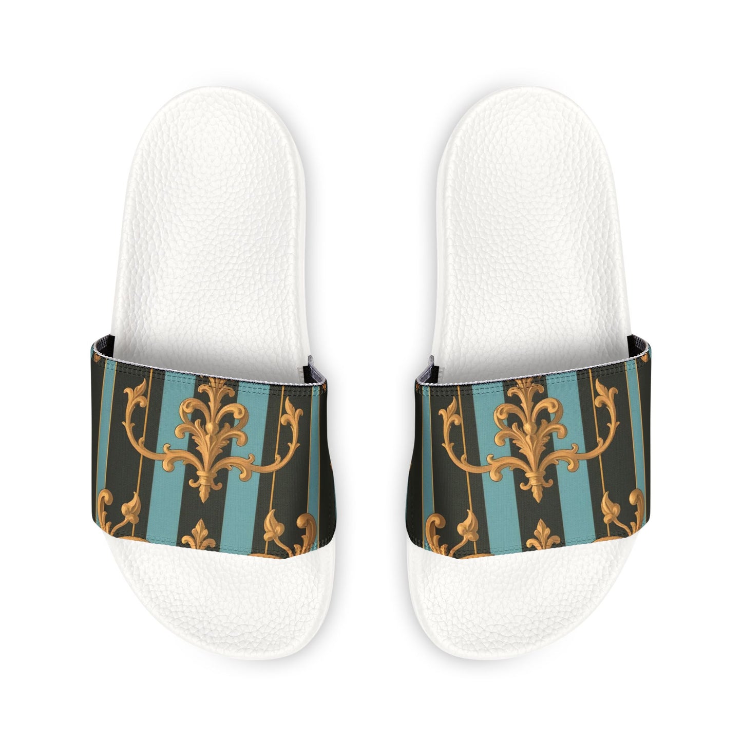Chic Women's Removable-Strap Sandals - Stylish Summer Footwear, Poolside Essential, Vacation Must-Have - Black & Turquoise Striped Baroque