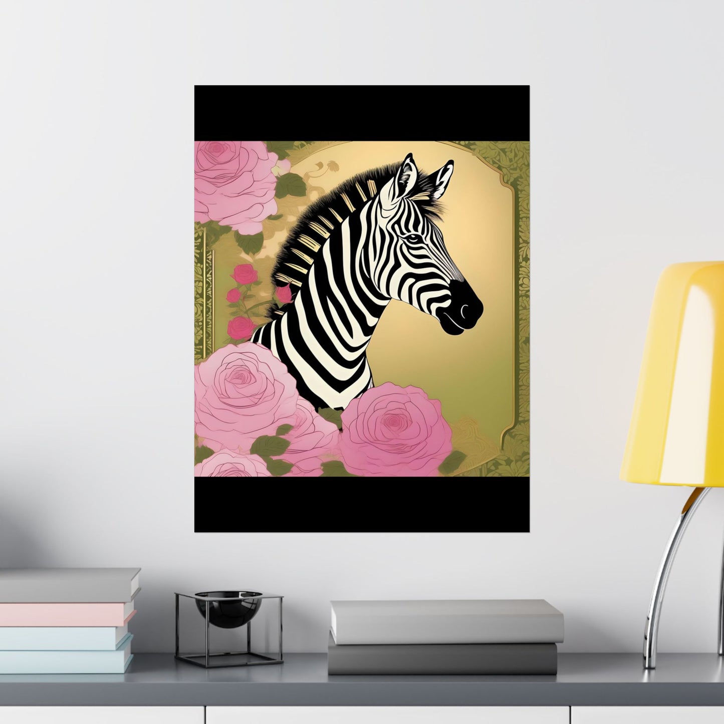 Floral Art Poster - Elegant Matte Vertical Wall Decor - Zebra With Roses In Pink & Olive