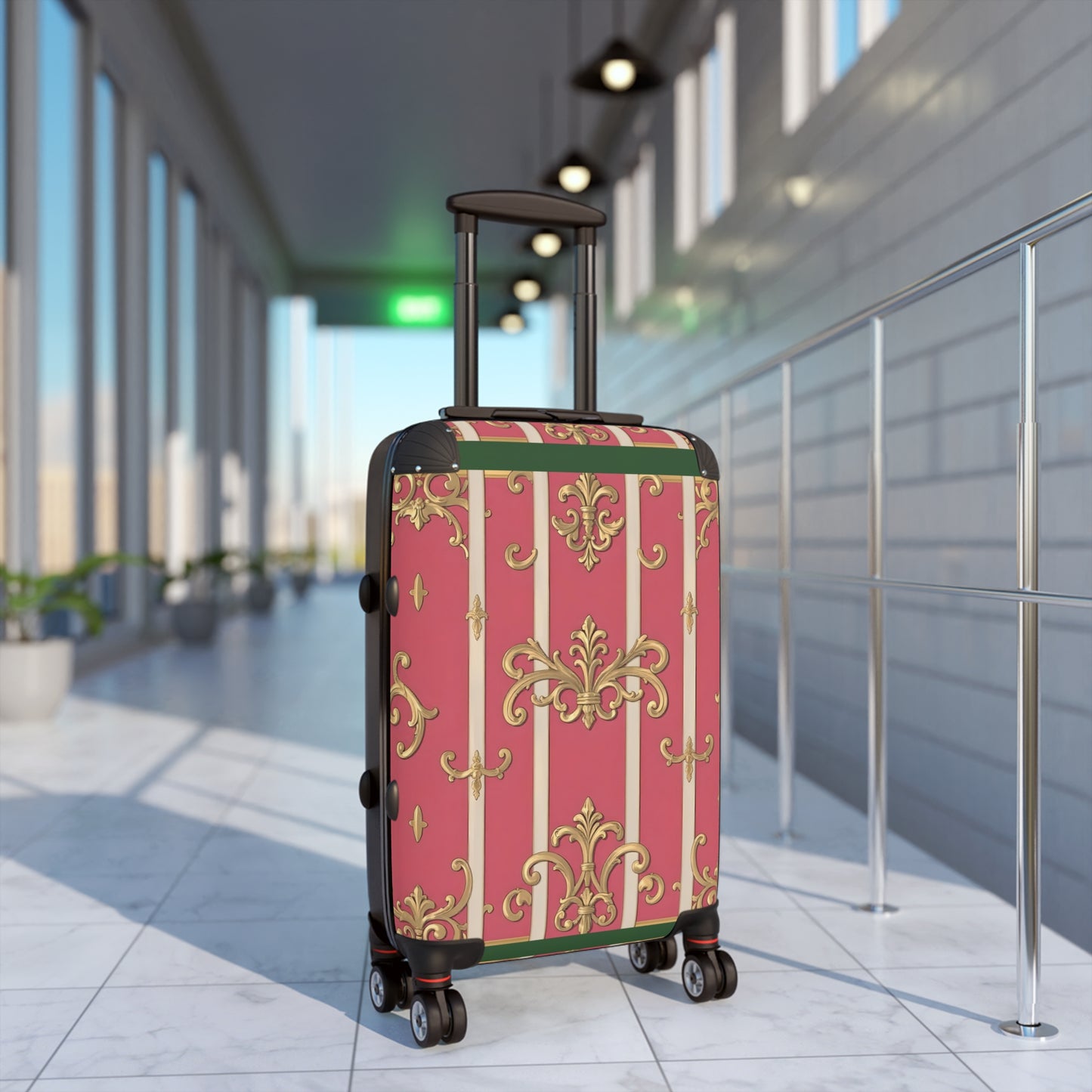 Elegant Green Border Pink Striped Baroque Suitcase for Travelers, Stylish Luggage for Vacations and Getaways, Gift for Adventure Lovers