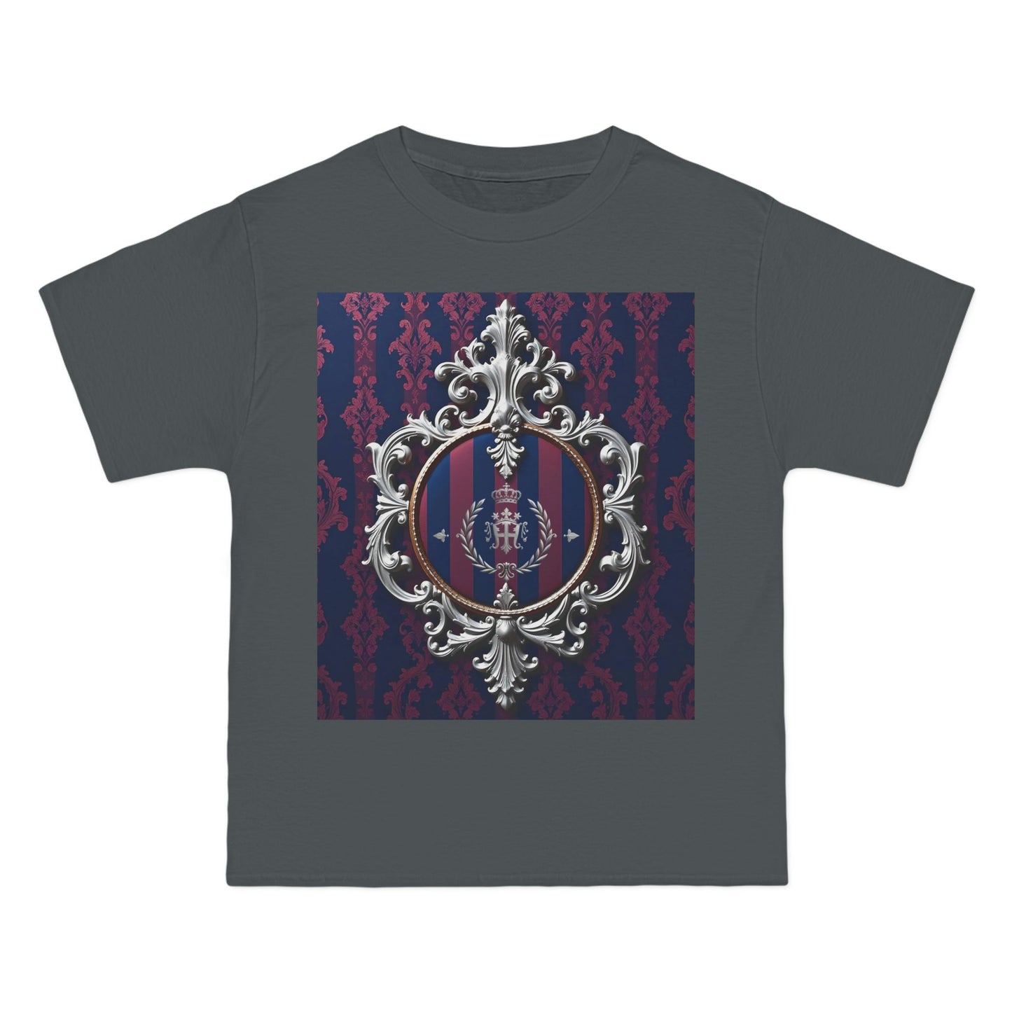 Elegant Unisex Graphic T-Shirt - Vintage Inspired, Casual Wear, Unique Gift, Art Tee, Fashion Statement - Blue & Plum Striped Silver Crest