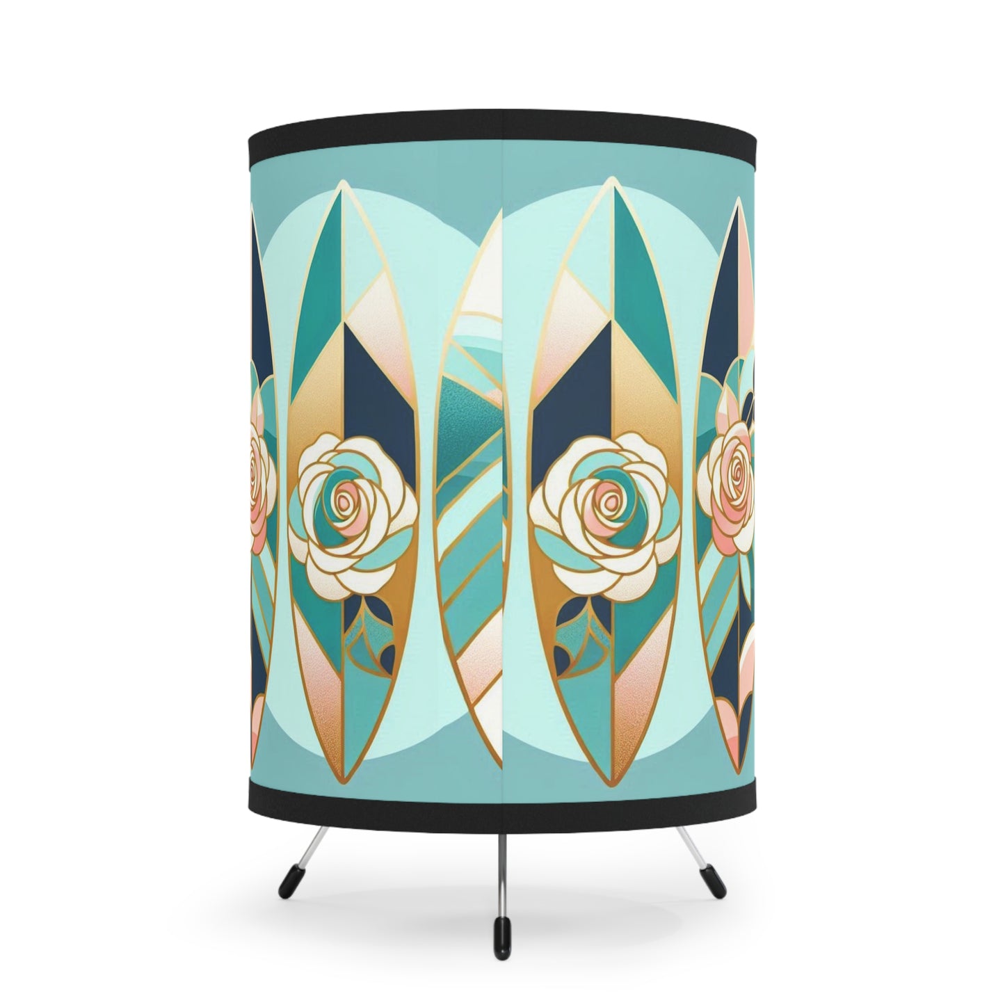 Boho Surf Tripod Lamp with Floral Design - High-Res Printed Shade - Blue, Pink & Aqua Surfboard & Roses Design