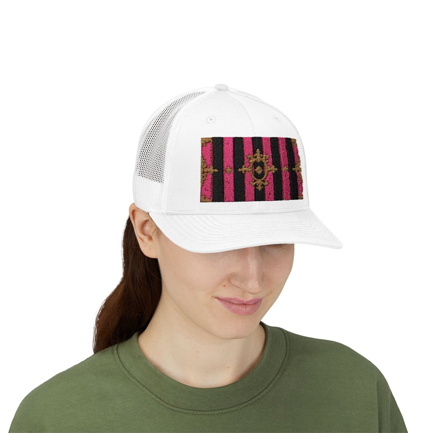Stylish Snapback Trucker Cap with Black & Mauve Striped Gold Baroque, Trendy Fashion Hat, Perfect Gift for Him/Her