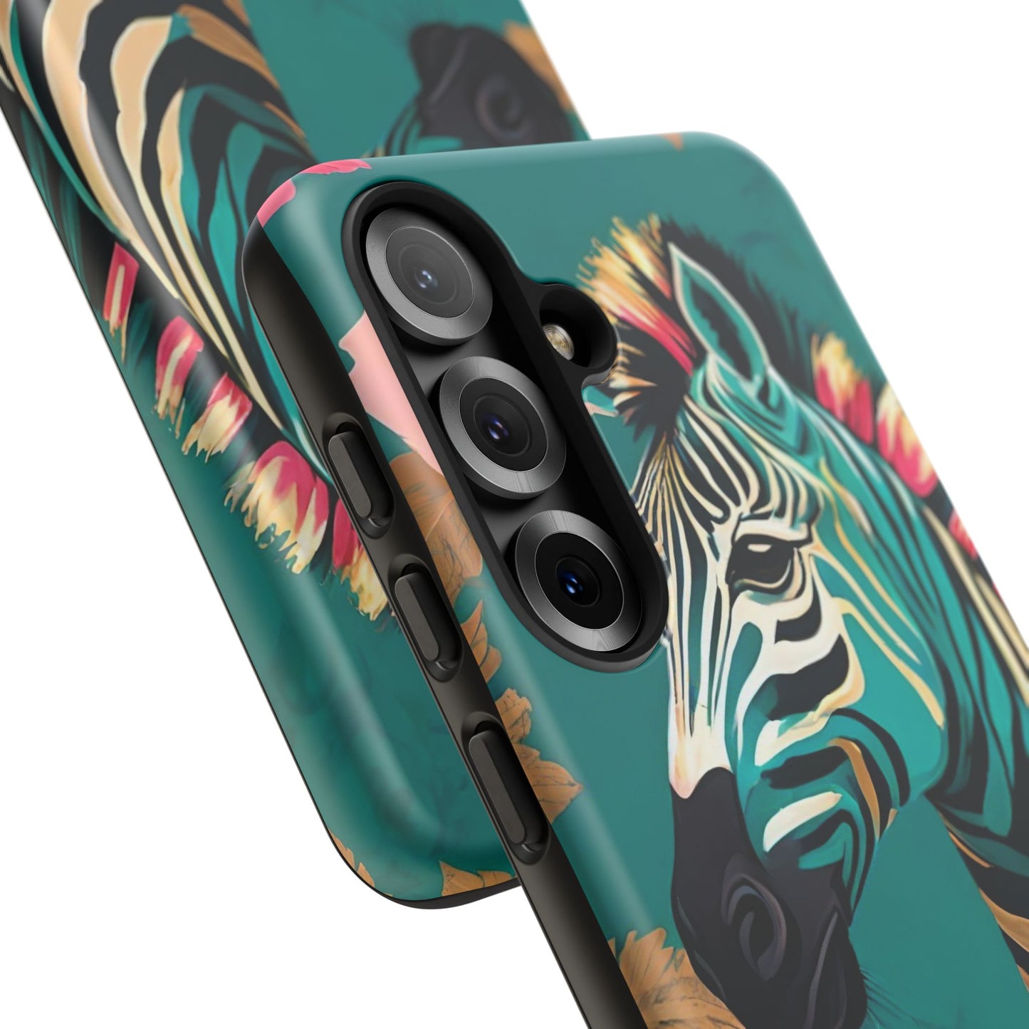 Phone Case - Elegant Teal & Gold Zebra & Roses Design