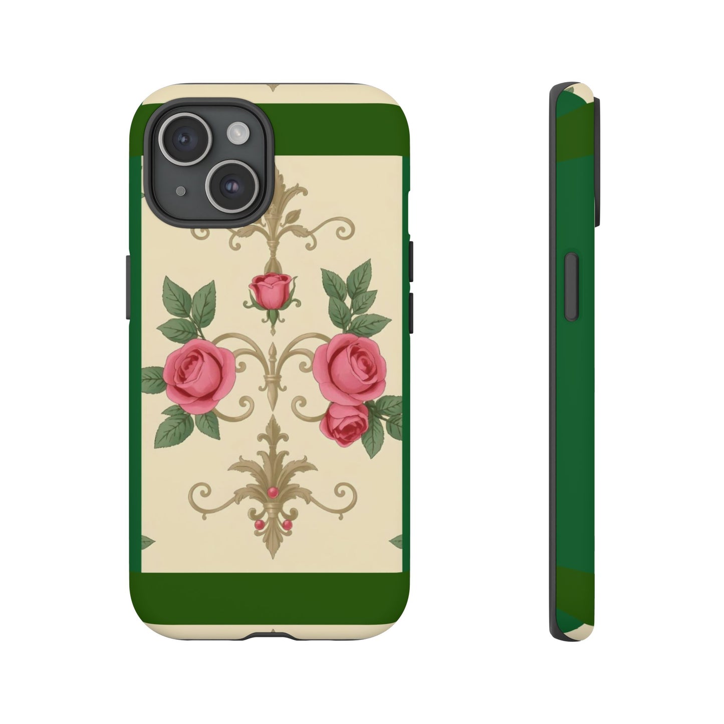 Elegant Floral Motif Phone Case - Tough Cases with Vintage Design - Green Border Roses & Damask