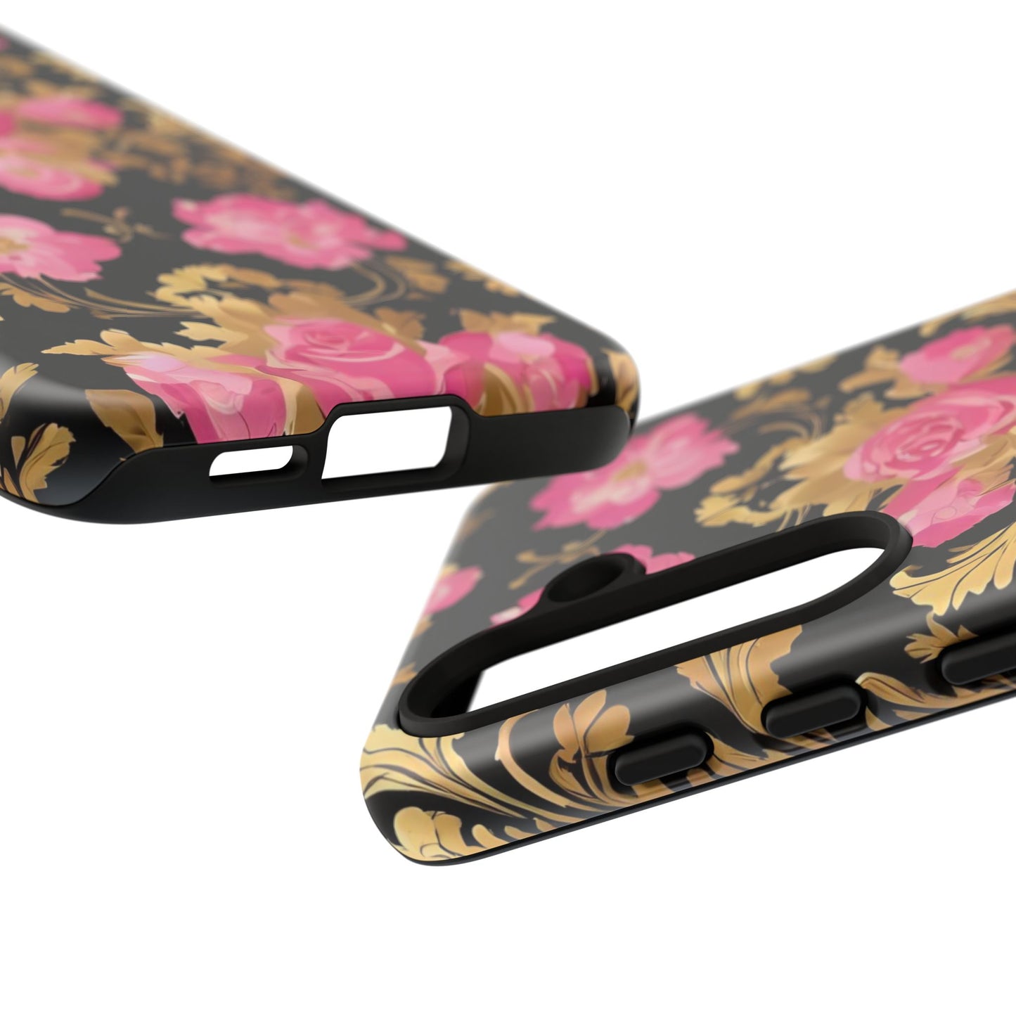 Elegant Floral Motif Phone Case - Tough Cases with Vintage Design - Pink & Gold Roses