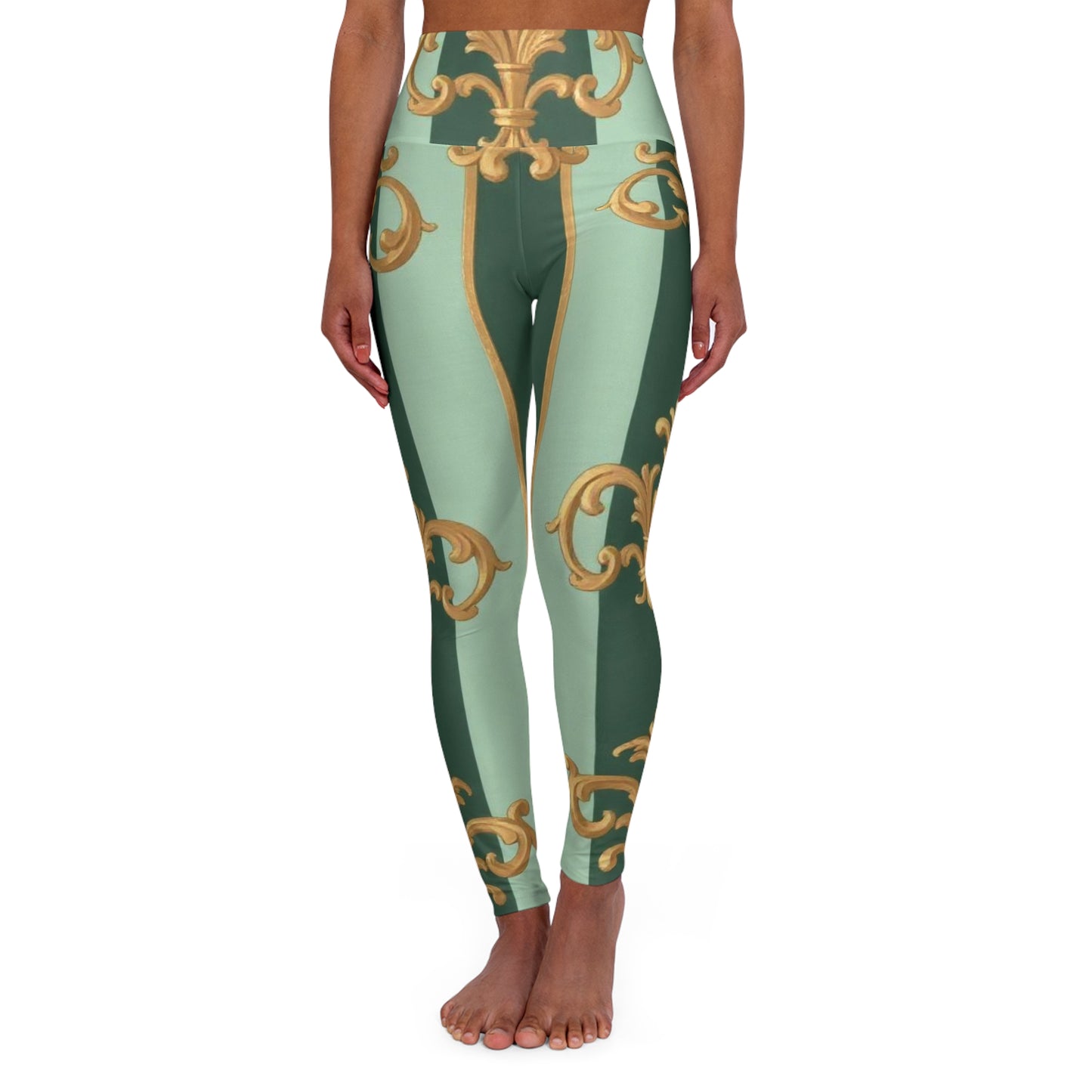 Chic High Waisted Yoga Leggings - Elegant Green Pattern, Workout, Athleisure, Fitness Fashion - Mint Green & Teal Striped Gold Baroque