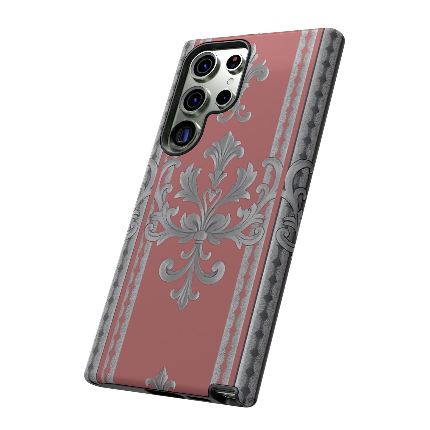 Elegant Floral Phone Case - Tough Cases for Stylish Protection - Gray & Mauve Striped Baroque