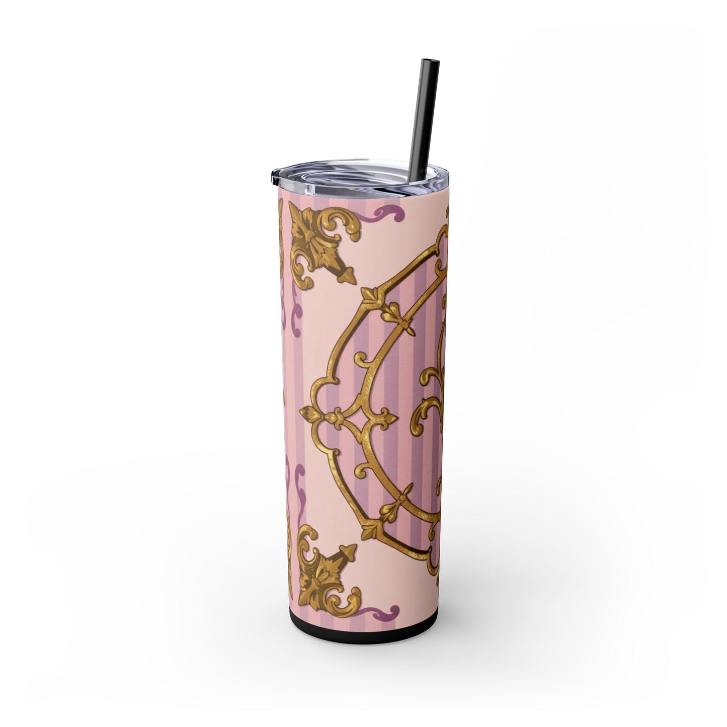 Elegant Lavender & Alabaster Striped Gold Baroque Tumbler - Insulated 20oz Skinny Cup with Straw, Ideal for Gifts, Parties, and Daily Use
