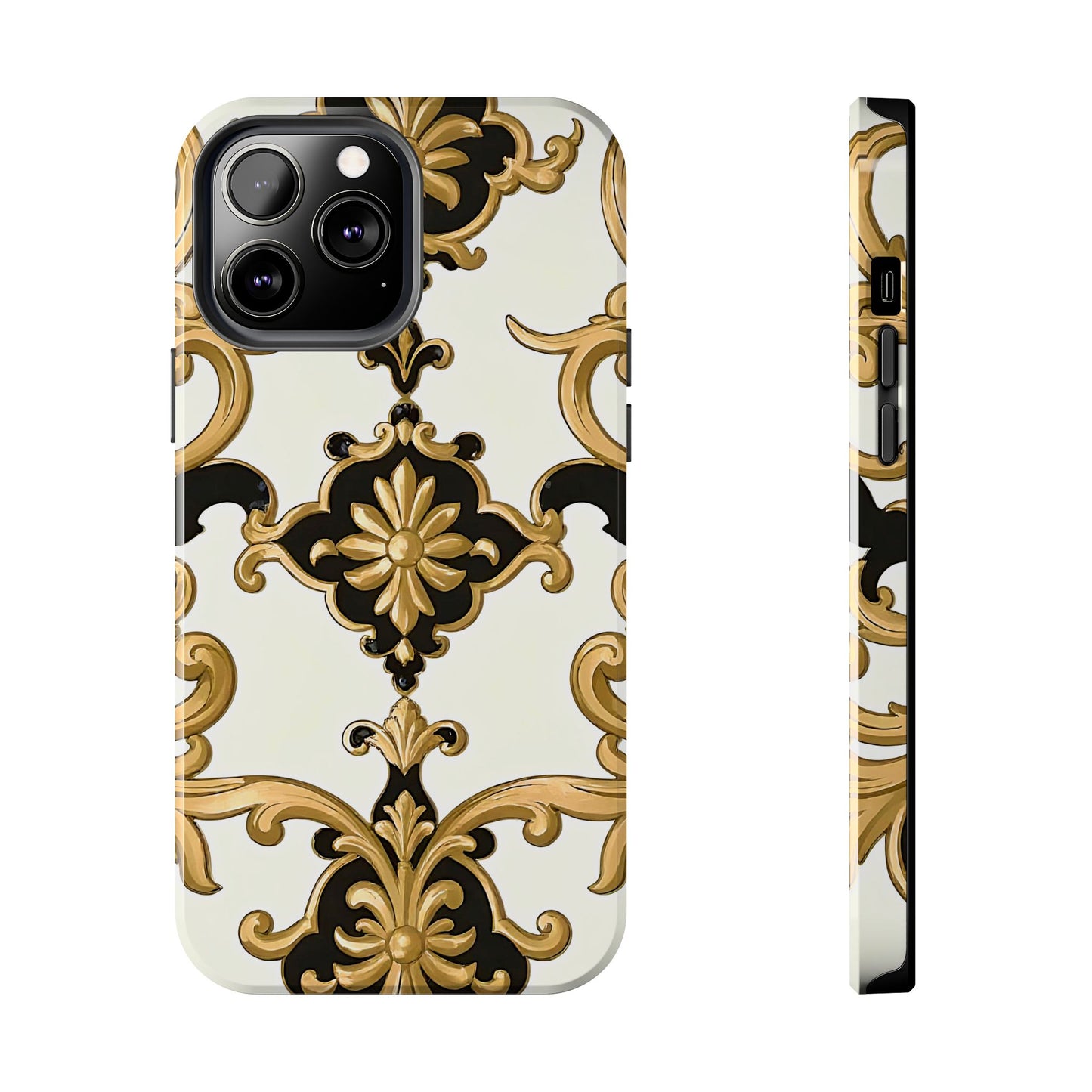 Elegant Floral Tough Phone Cases, Durable Phone Cover, Stylish Phone Accessories, Gift for Her, Chic Phone Cases - Black & Gold Rococo