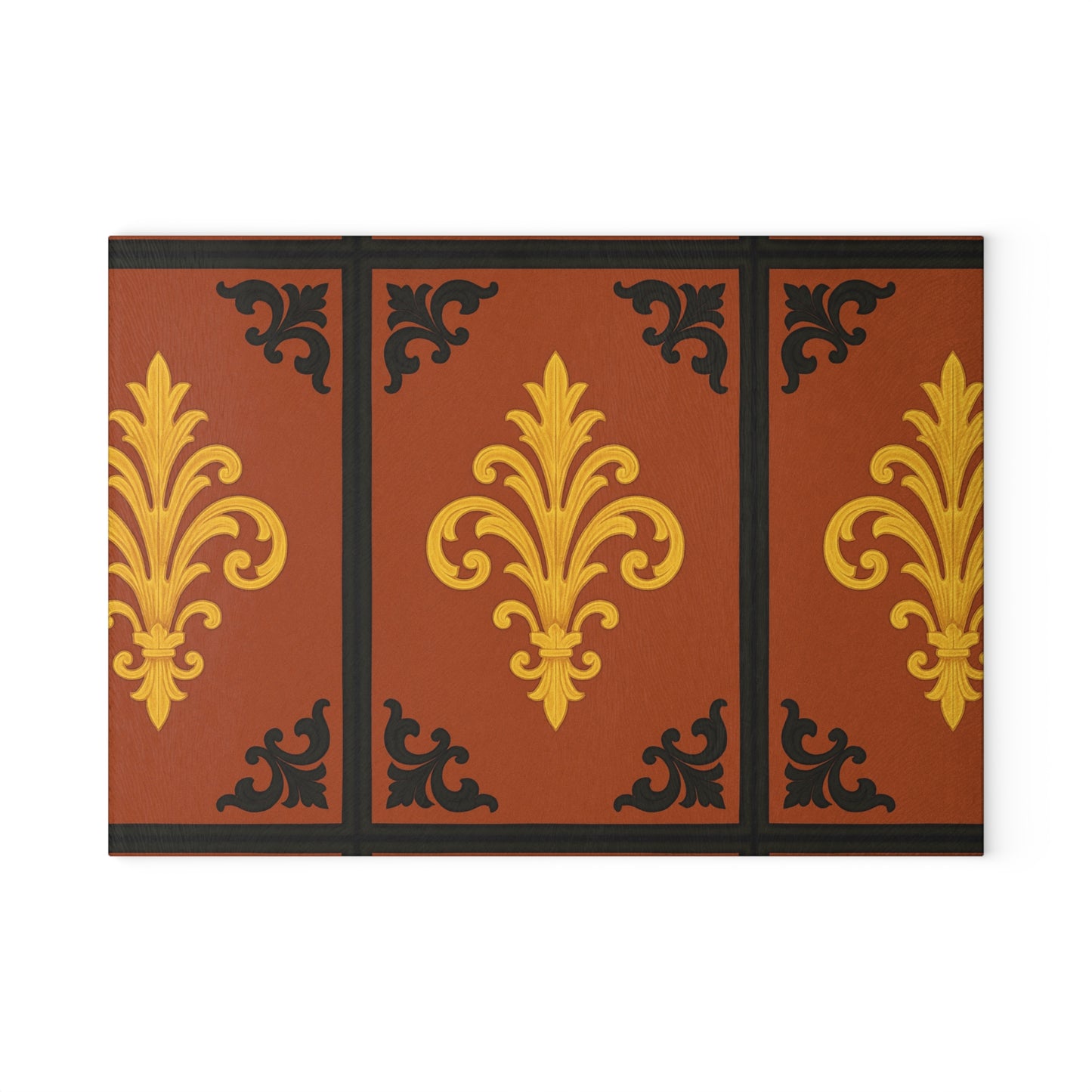 Dusk Terracotta Baroque Glass Cutting Board with Ornate Gold Baroque Design — Decorative Kitchen Serving Board