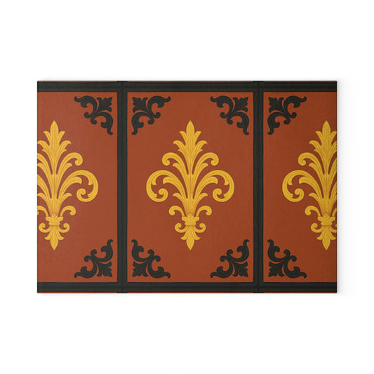 Dusk Terracotta Baroque Glass Cutting Board with Ornate Gold Baroque Design — Decorative Kitchen Serving Board