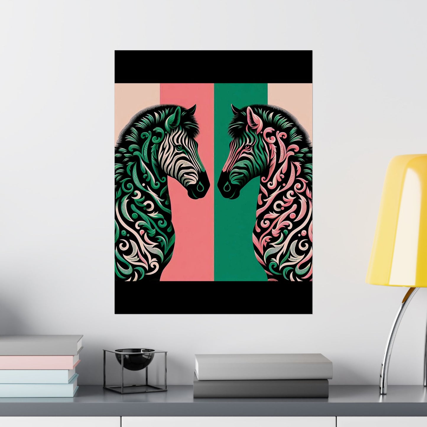 Floral Art Poster - Elegant Matte Vertical Wall Decor - Pink & Green Zebra Damask Design