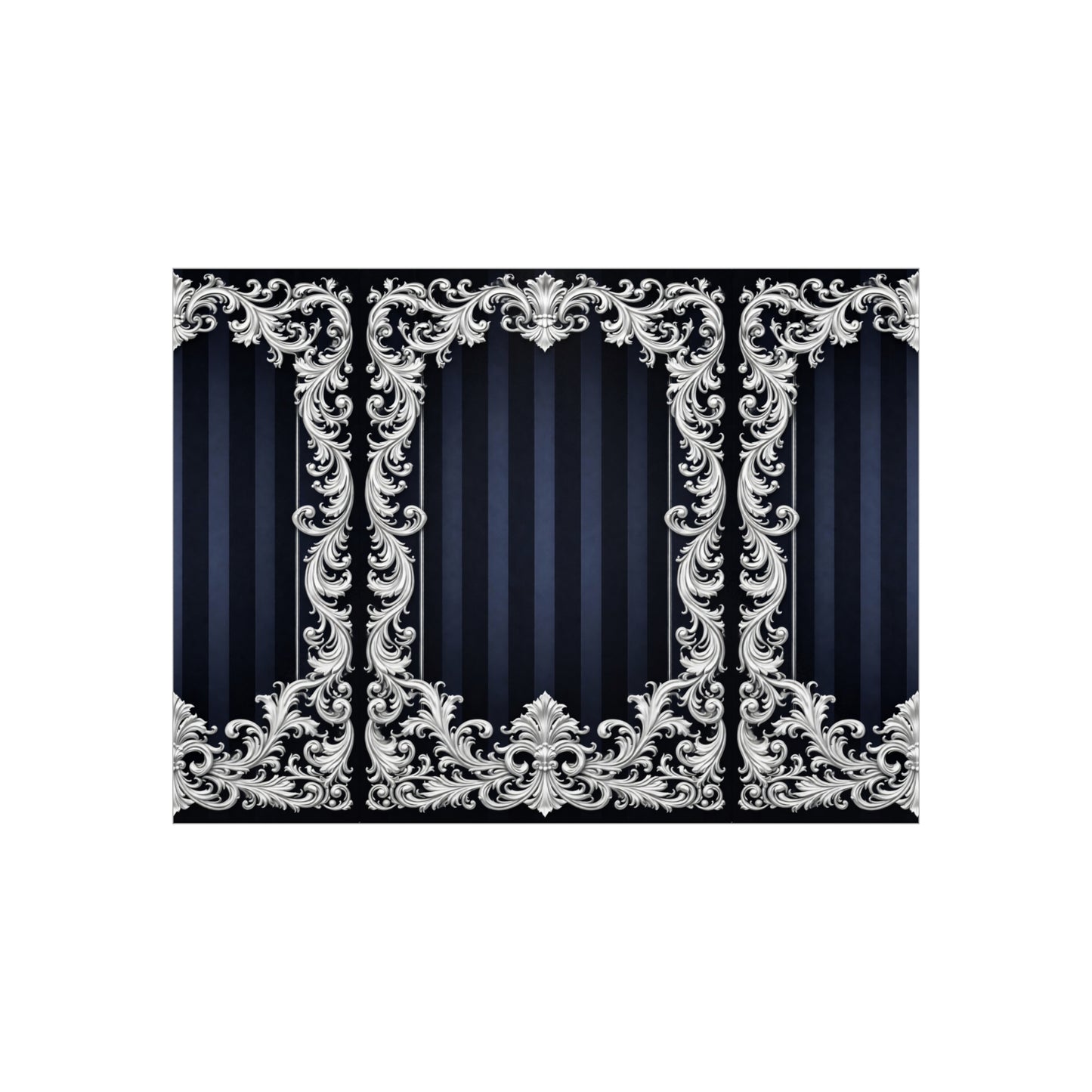 Navy Stripes & Baroque Foam Board Backdrop — Ornate Silver Scroll Panel