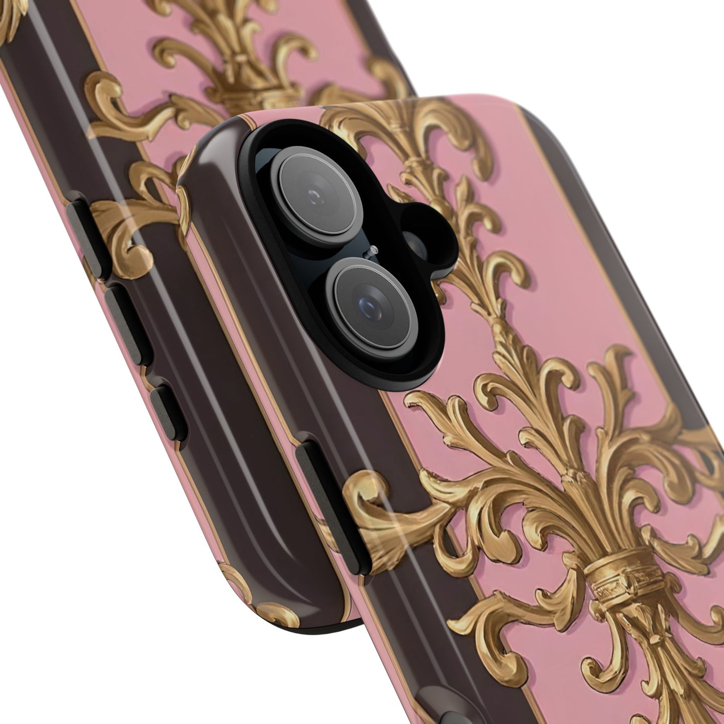 Elegant Floral Motif Phone Case - Tough Cases with Vintage Design - Pink & Brown Striped Gold Damask