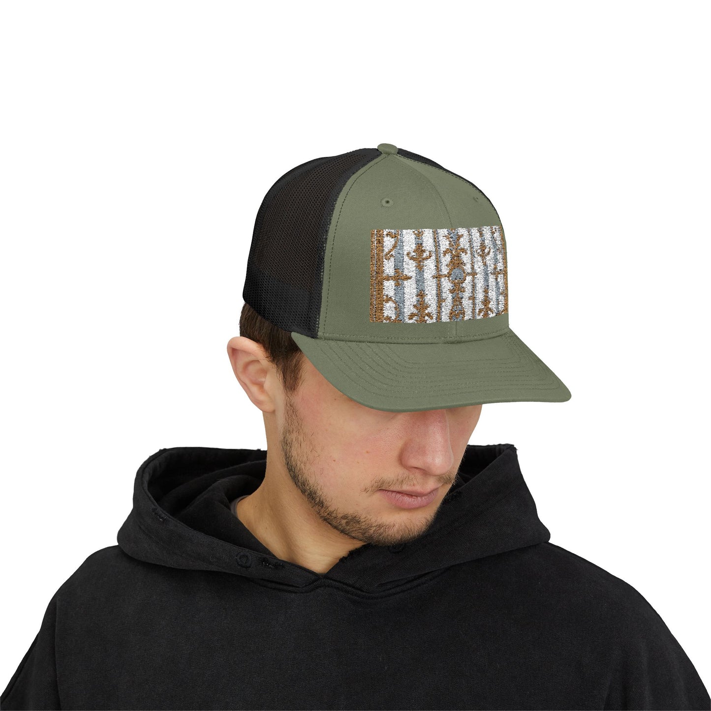 Stylish Snapback Trucker Cap with Nature-Inspired Design - Summer Festivals - Matte Gray & Cream Striped Gold Baroque