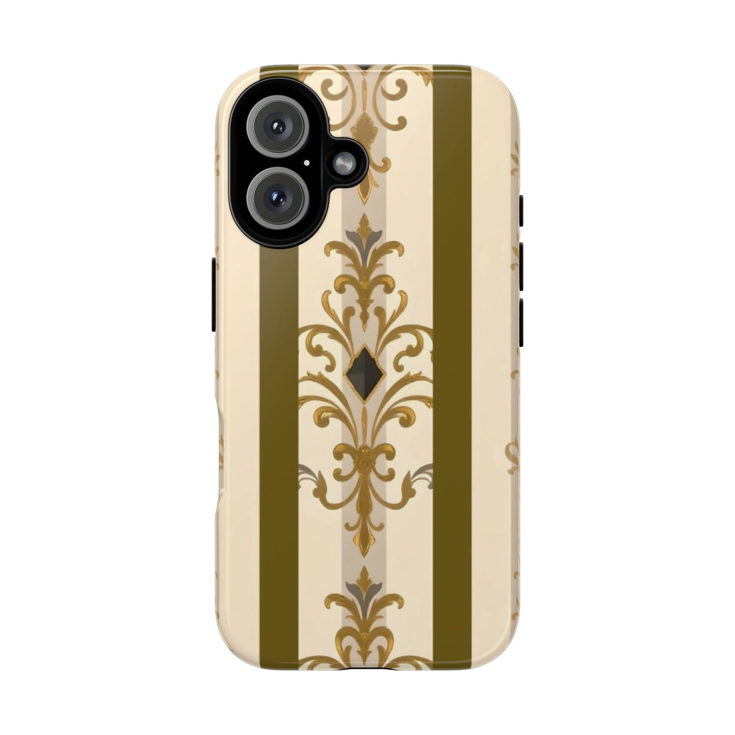 Elegant Floral Motif Phone Case - Tough Cases with Vintage Design - Olive Striped Gold Damask