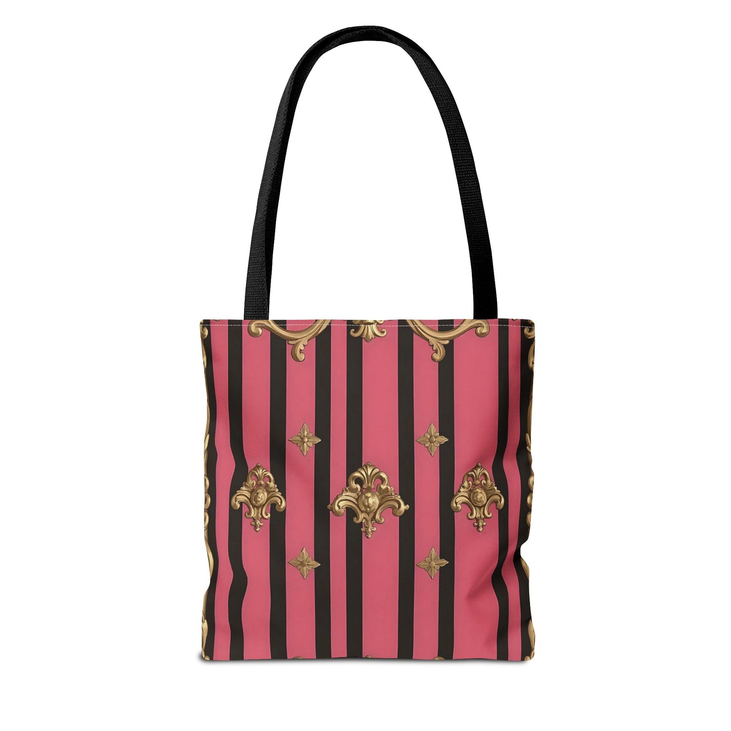 Chic Floral Tote Bag - Elegant Reusable Shopping Bag, Fashion Accessory, Gift for Her, Everyday Use, Eco-Friendly - Pink Striped Gold Rococo