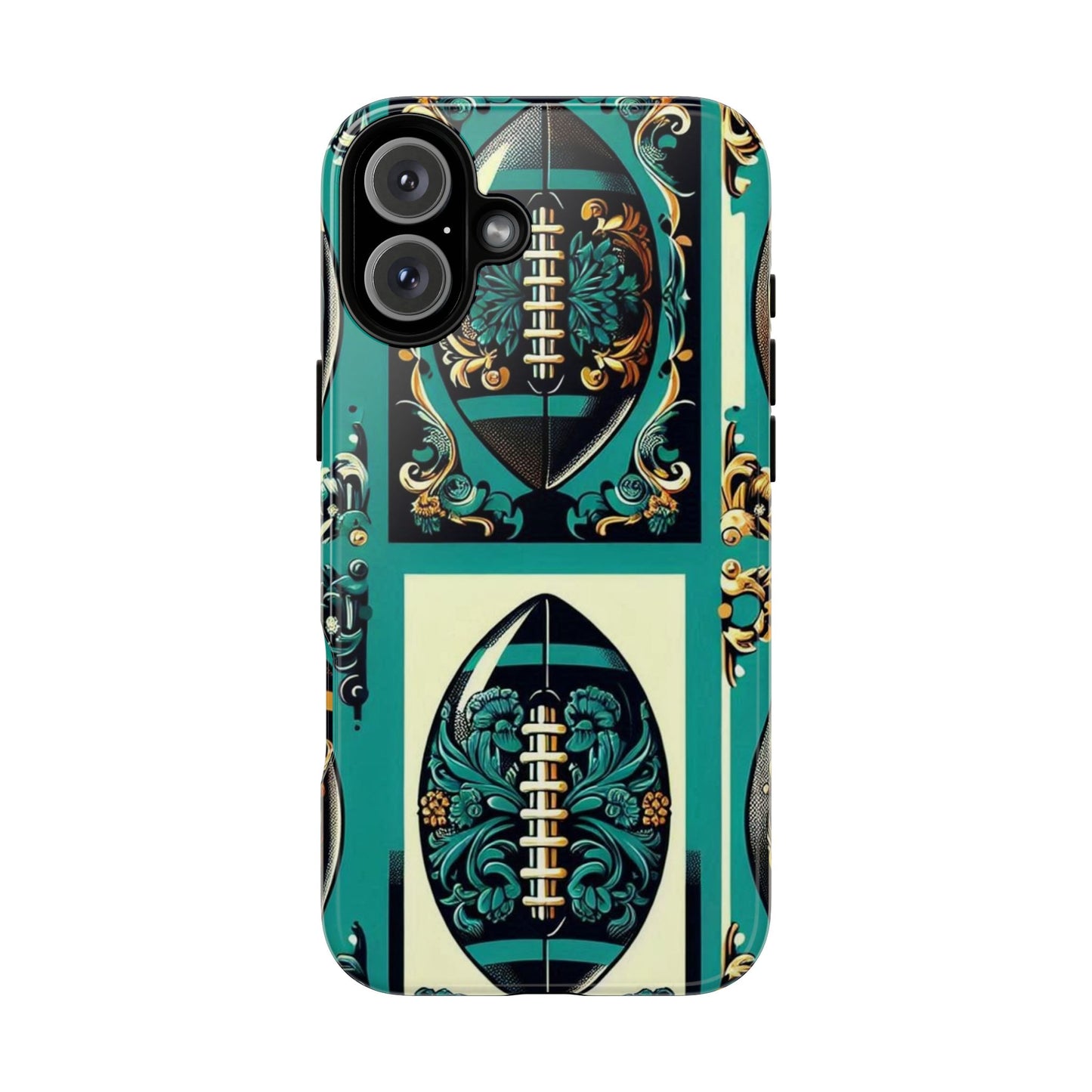 Elegant Floral Motif Phone Case - Tough Cases with Vintage Design -  Damask Teal, Gold & Black Footballs