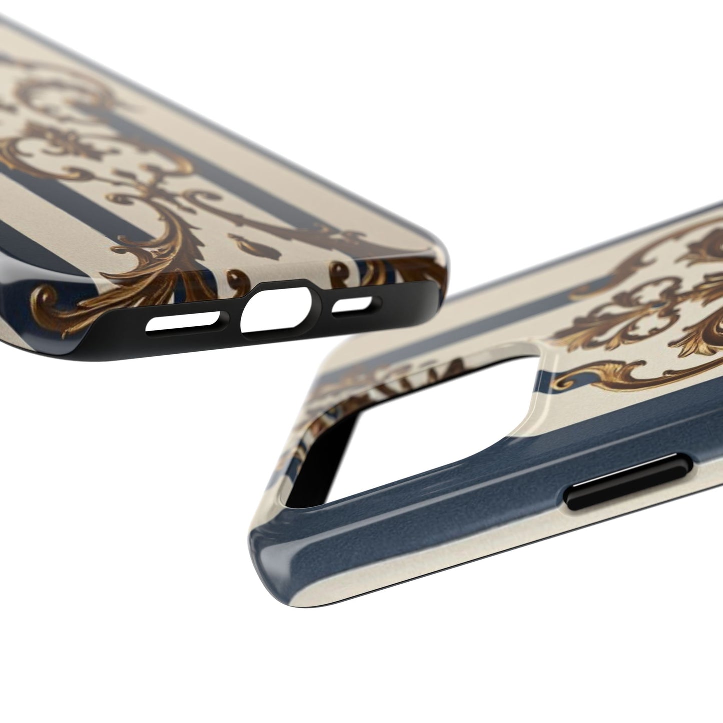 Damask Tough Phone Case - Alabaster & Blue Striped Damask