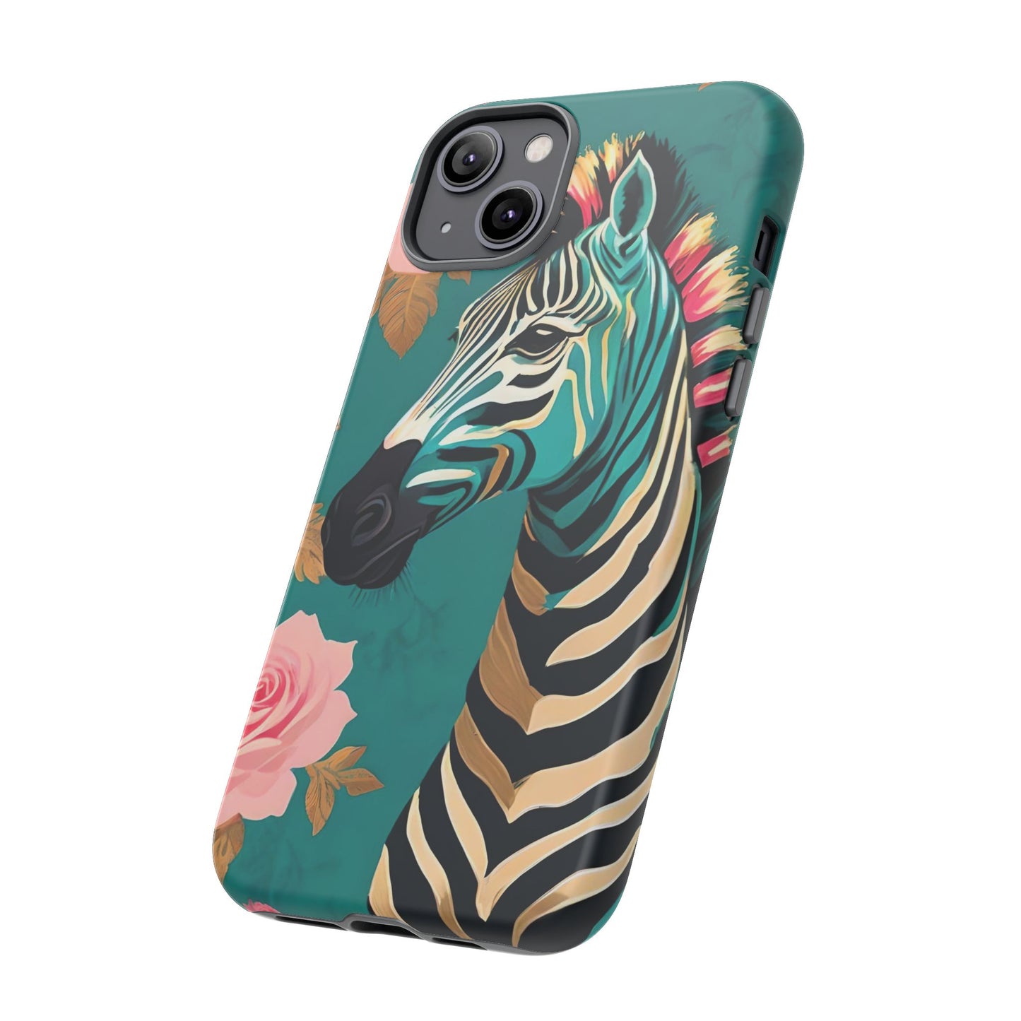 Phone Case - Elegant Teal & Gold Zebra & Roses Design