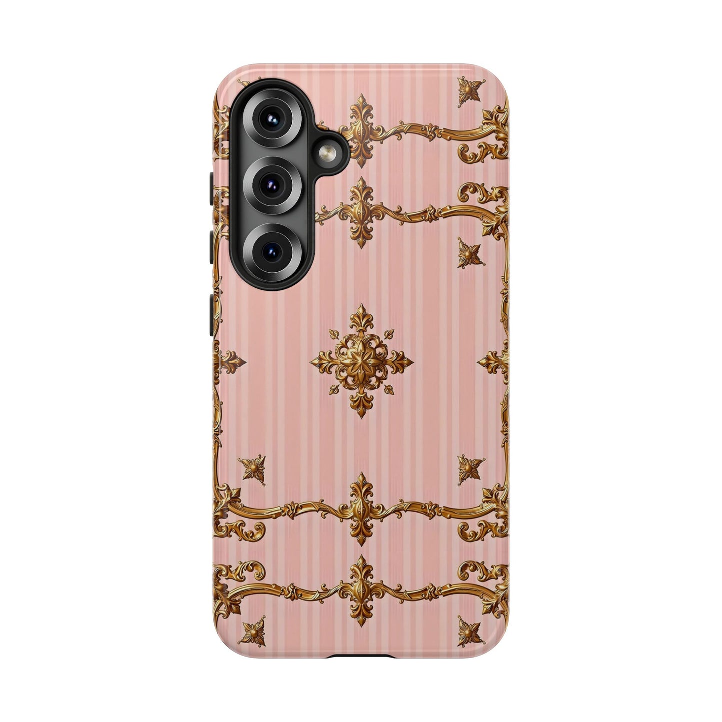 Elegant Floral Phone Case, Tough Cases for Women, Trendy Phone Cover, Chic Gift - Pink Striped Gold Baroque