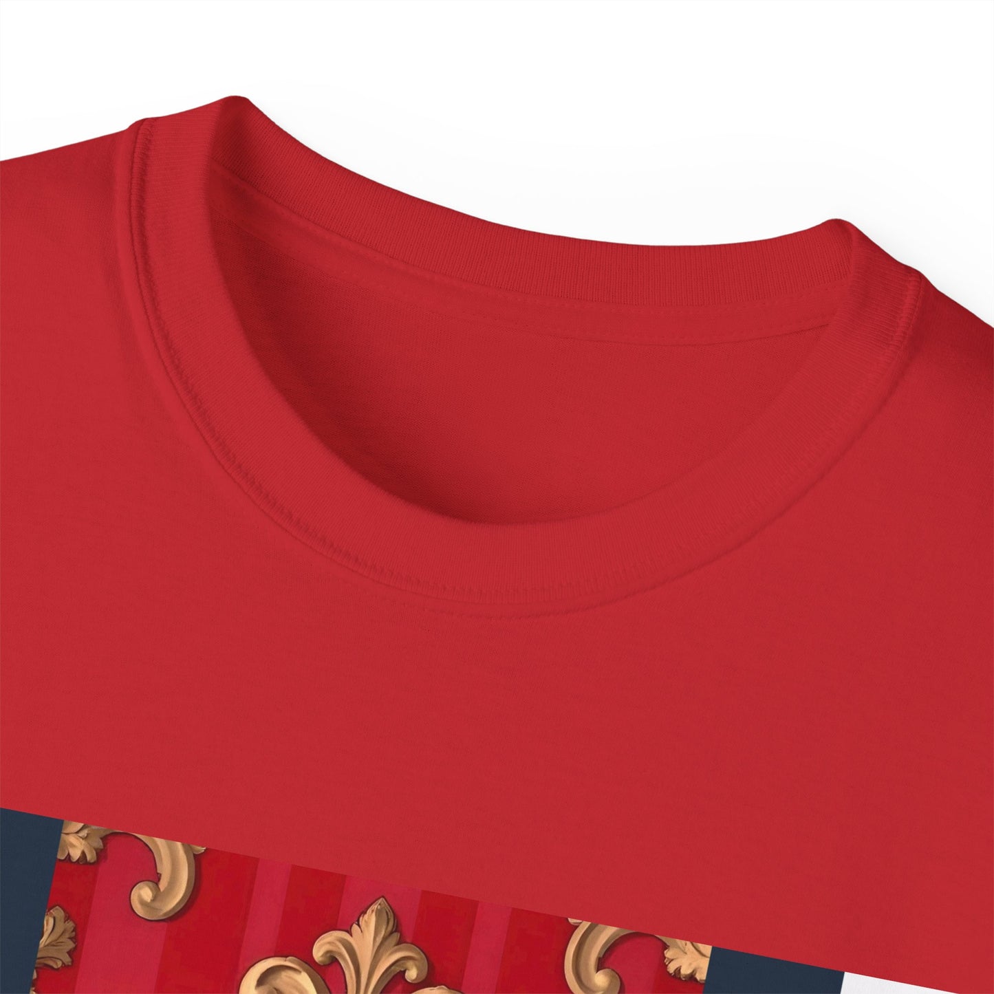 Regal Red Baroque T-Shirt, Artistic Tee, Gift for Art Lovers, Fashionable Statement Shirt, Unique Graphic Top - Blue, Red & White Striped Baroque