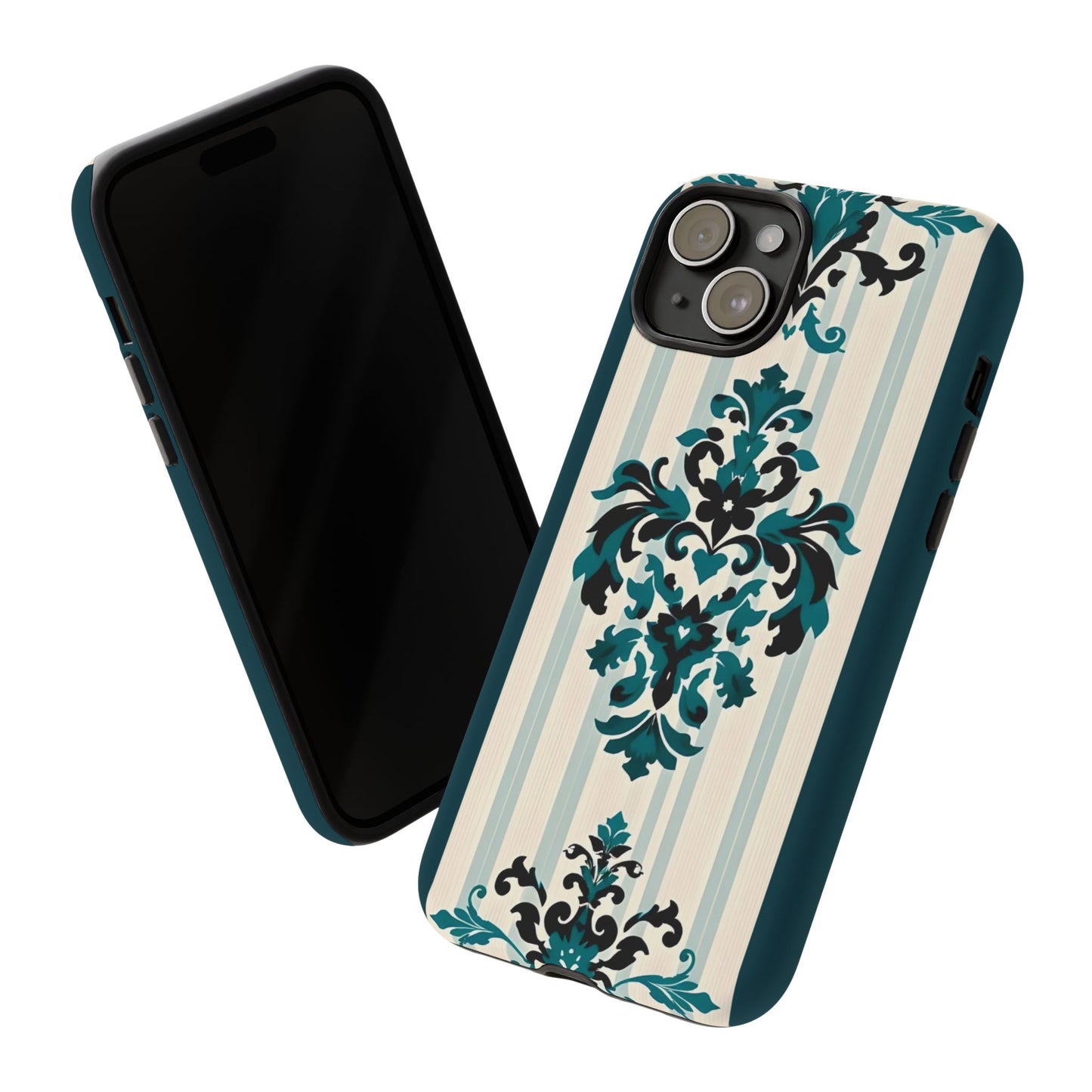 Elegant Floral Phone Case - Tough Cases with Vintage Design - Teal Striped Damask