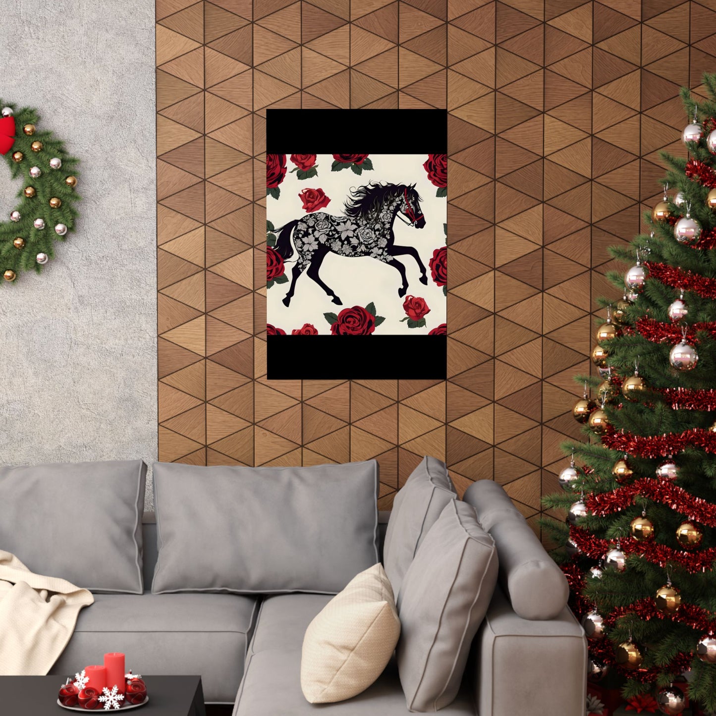 Floral Motif Art Poster - Elegant Matte Vertical Wall Decor - Horse & Roses