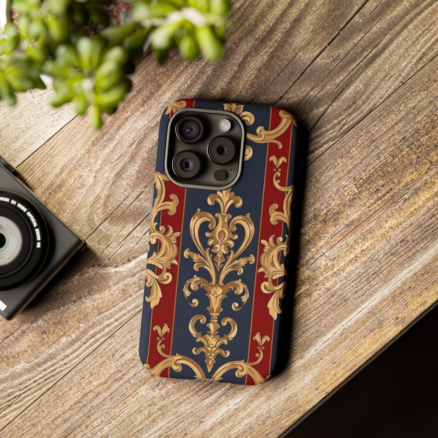 Elegant Floral Motif Phone Case - Tough Cases with Vintage Design - Midnight Blue & Dusk Red Striped Gold Damask