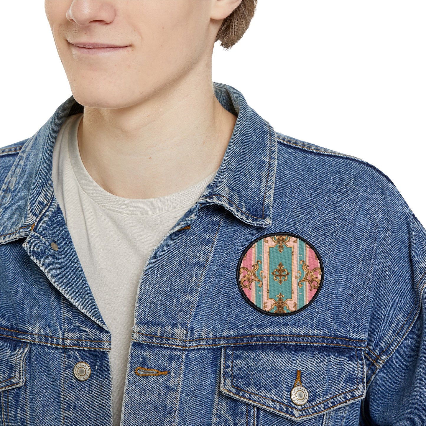 Vintage Floral Iron-On Patch, Fashion Customization, Denim Jacket Accessories, Sewing Crafts, Unique Gift Idea - Pink & Matte Turquoise Striped Rococo