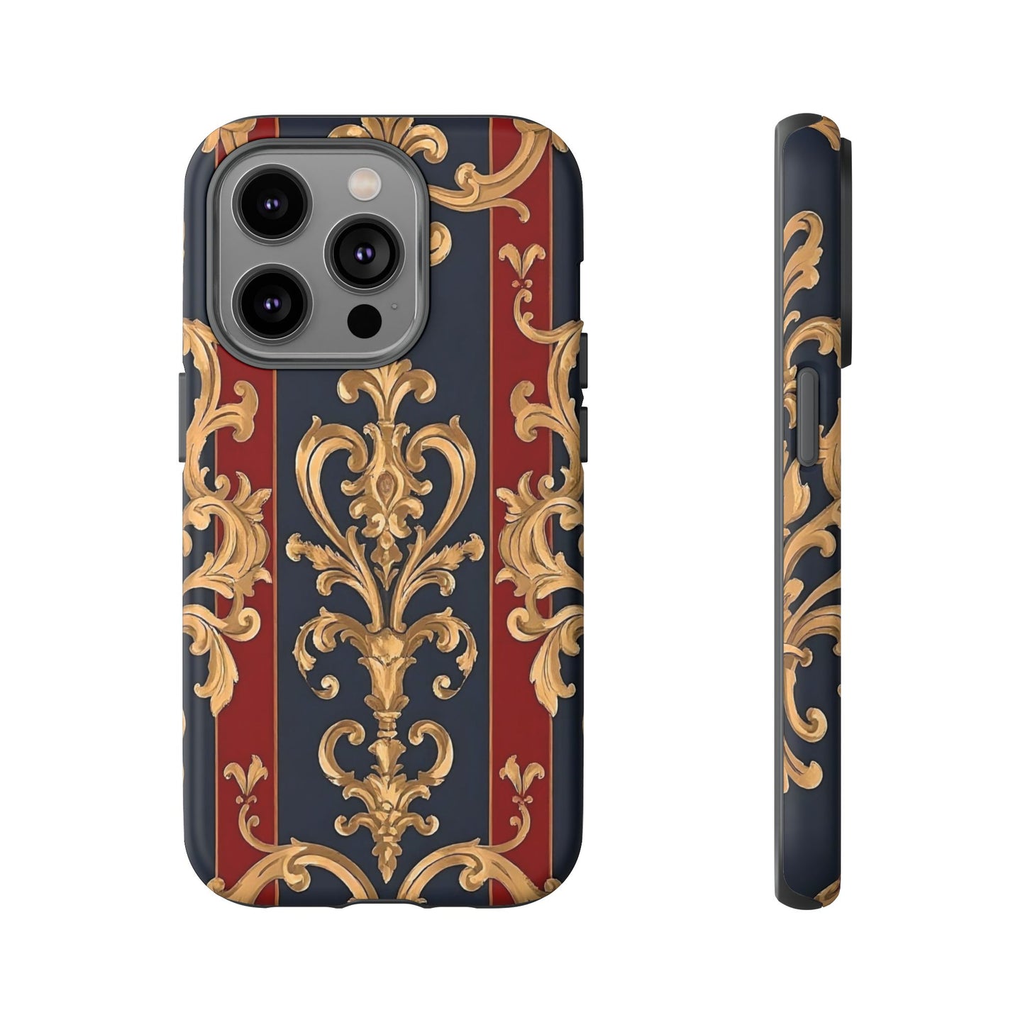 Elegant Floral Motif Phone Case - Tough Cases with Vintage Design - Midnight Blue & Dusk Red Striped Gold Damask