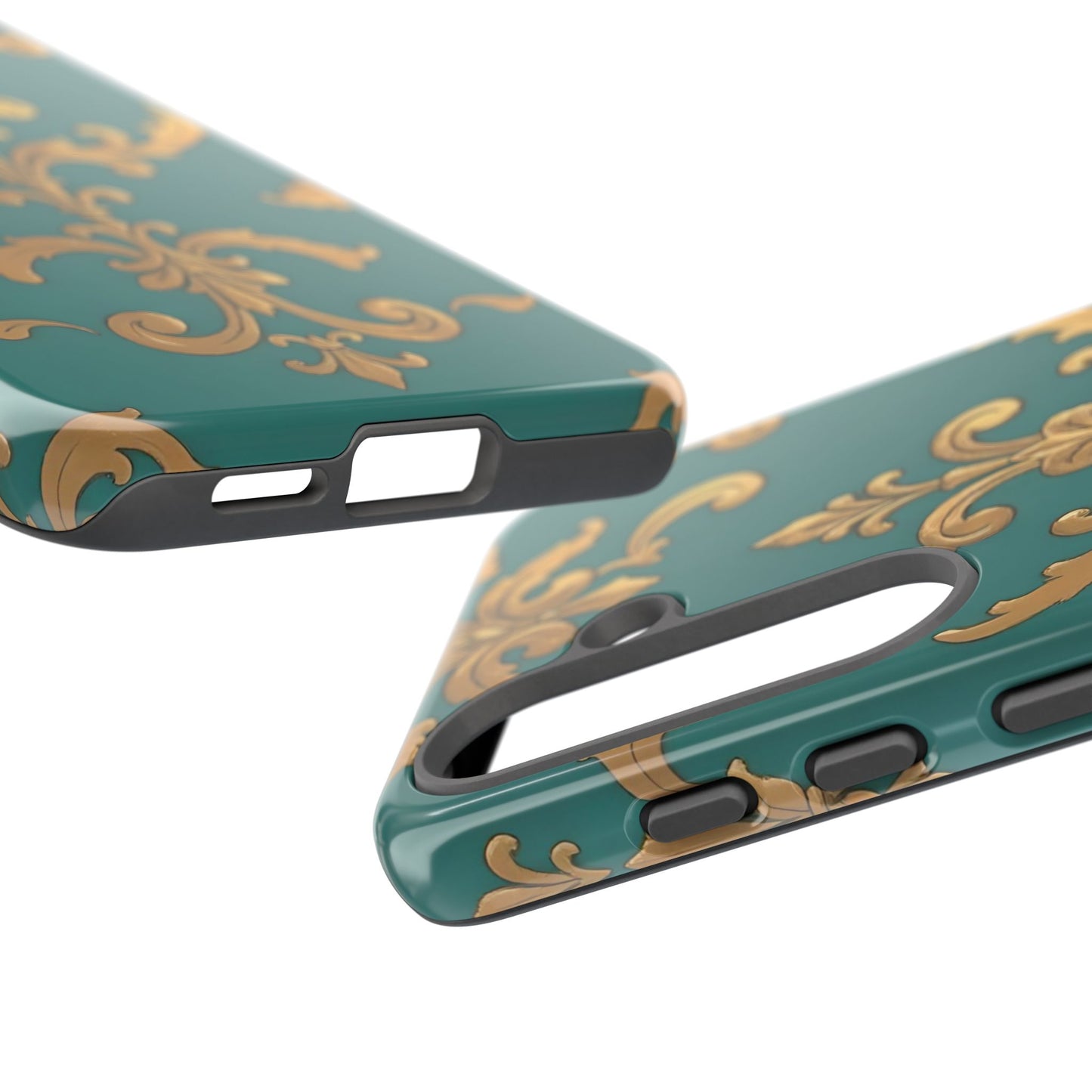 Elegant Floral Motif Phone Case - Tough Cases with Vintage Design - Aqua & Gold Damask