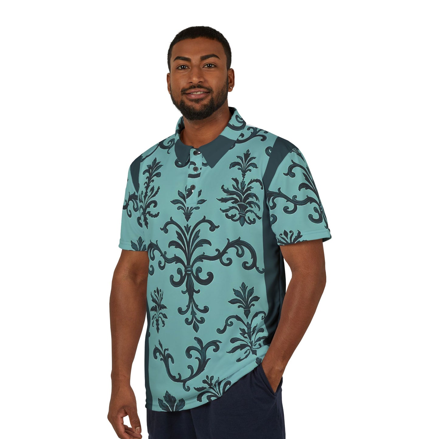 Elegant Damask Print Unisex Polo Shirt, Stylish Casual Wear, Gift for Men and Women, Fashionable Everyday Polo - Teal Striped Rococo