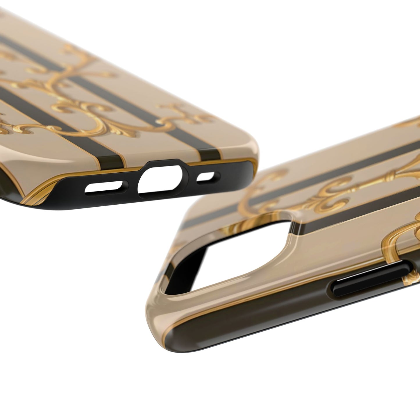 Elegant Vintage Tough Phone Case, Stylish Phone Cover, Boho Accessories, Perfect Gift for Her - Beige Striped Gold Rococo