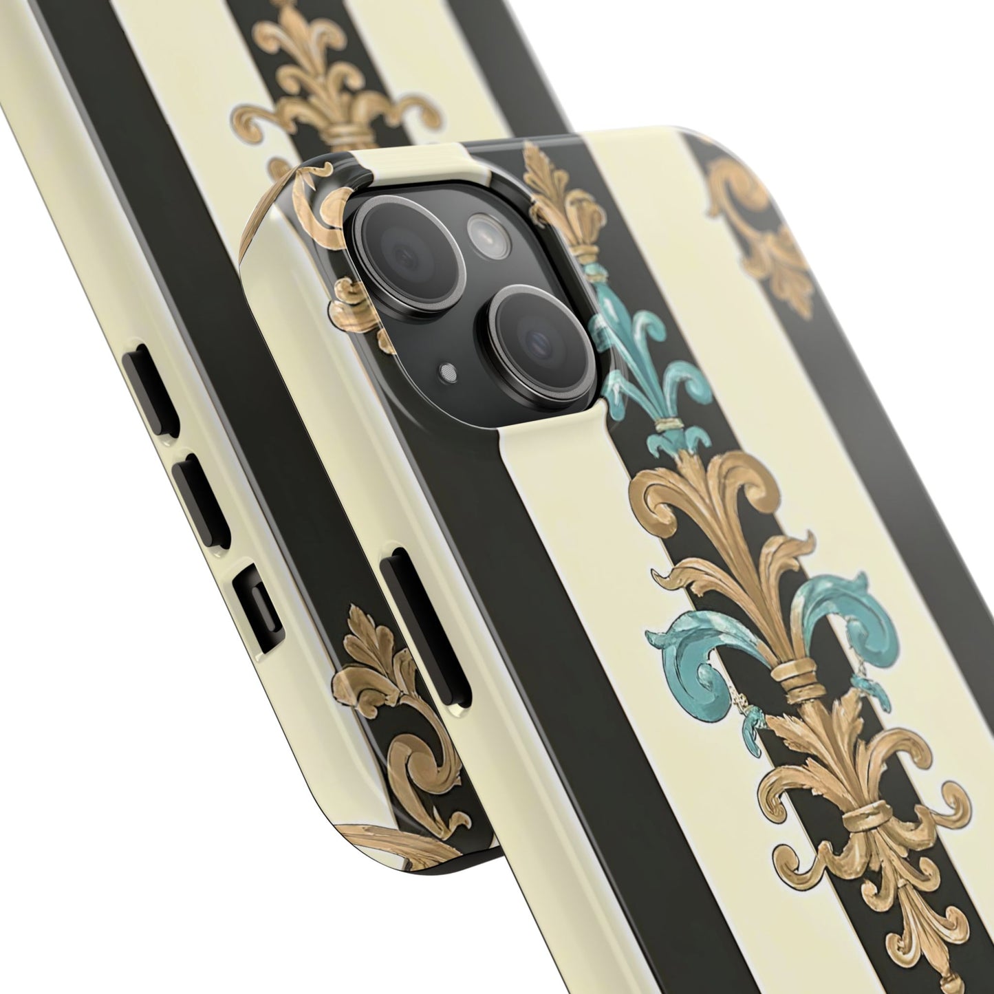 Elegant Vintage Tough Phone Cases, Stylish Phone Accessories, Quality Protection, Gifts for Her - Black Striped Turquoise & Black Rococo