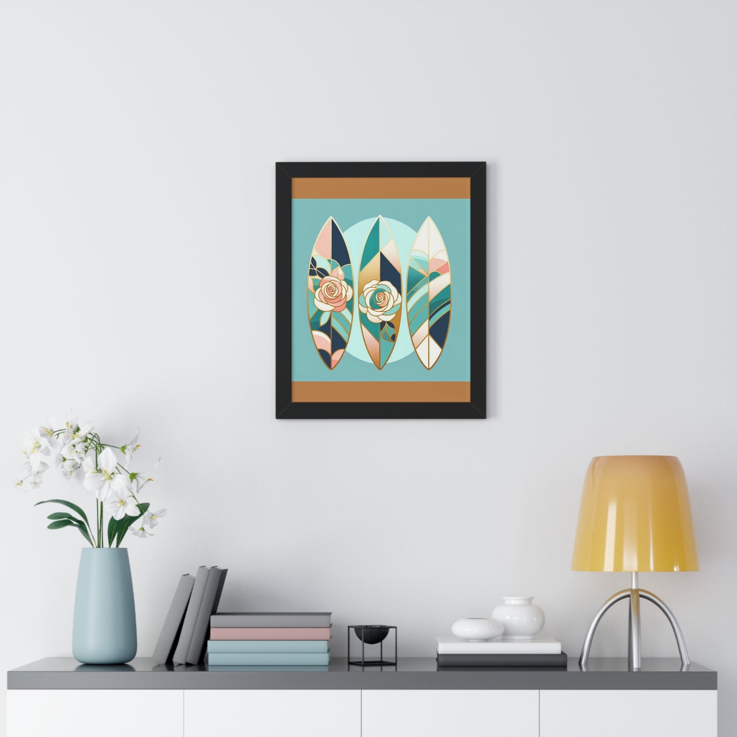 Vertical Poster - Blue, Pink & Aqua Surfboard & Roses Wall Art
