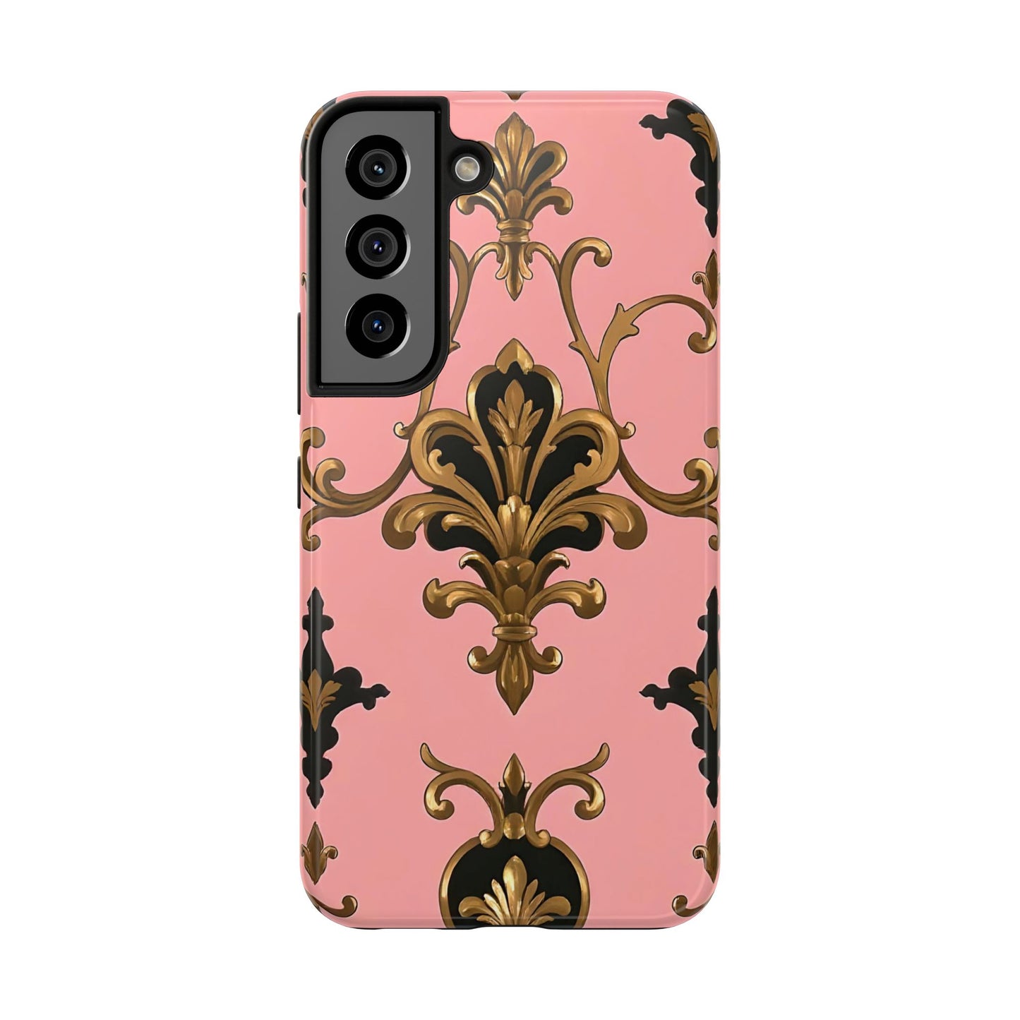 Chic Tough Phone Cases with Floral Design, Elegant Phone Cover, Durable Smartphone Case, Stylish Tech Accessory - Pink, Black & Gold Rococo
