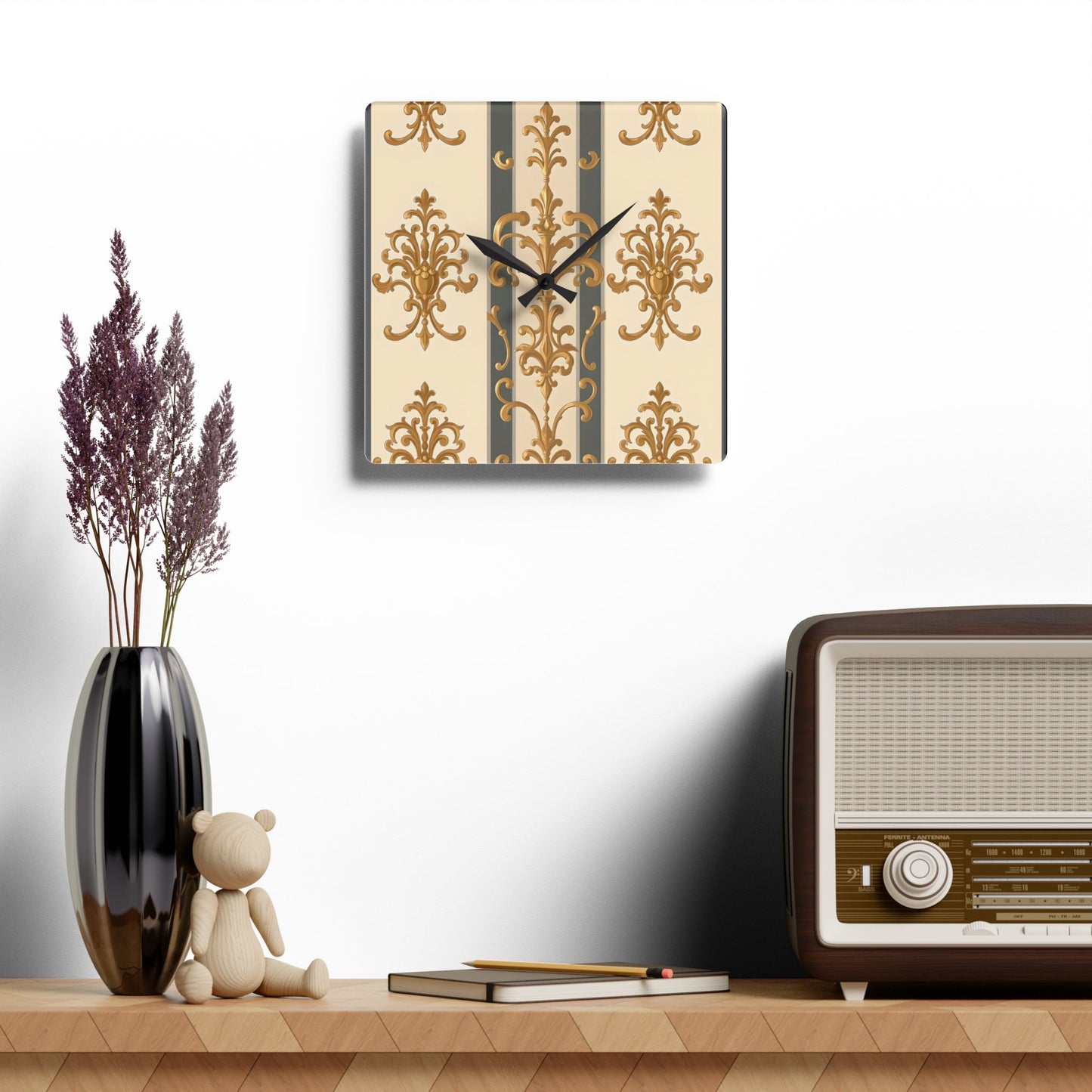 Bohemian Damask-Inspired Acrylic Wall Clock with Floral Design - Dusk Olive Striped Gold Damask