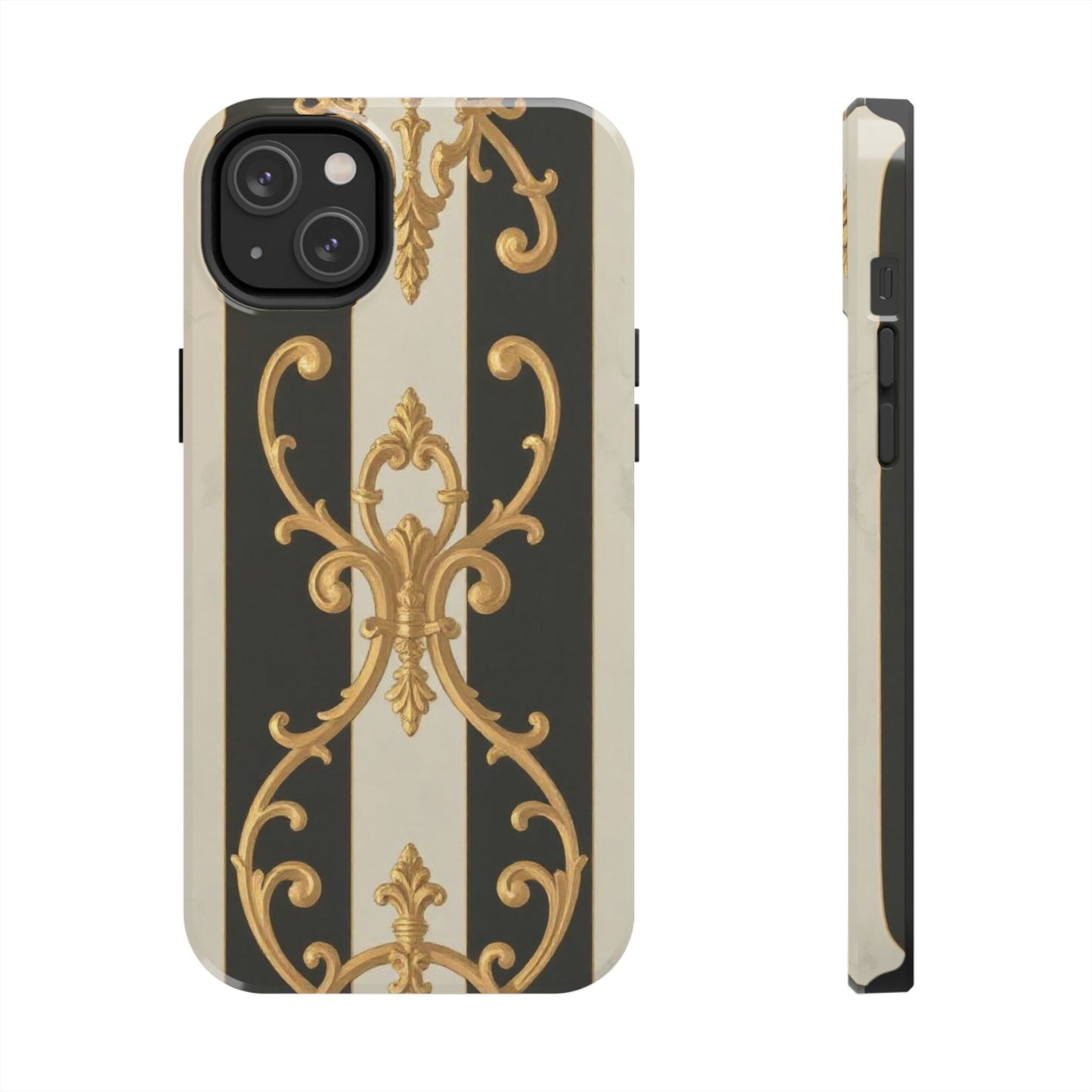 Elegant Black & Alabaster Striped Baroque Tough Phone Cases - Chic Protection, Black Gold Decor, Stylish Accessory, Gift for Her, Trendy Tech