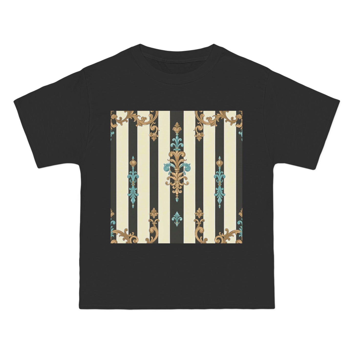 Elegant Floral Pattern Tee, Vintage Style T-Shirt, Gift for Her, Casual Outfit - Black Striped Turquoise & Black Rococo