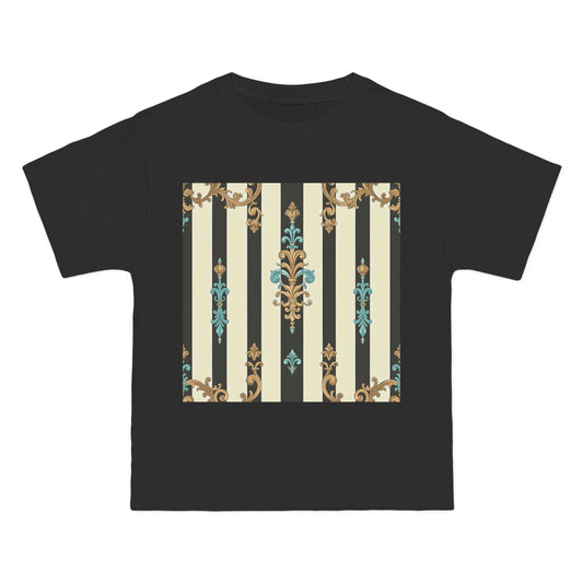 Elegant Floral Pattern Tee, Vintage Style T-Shirt, Gift for Her, Casual Outfit - Black Striped Turquoise & Black Rococo