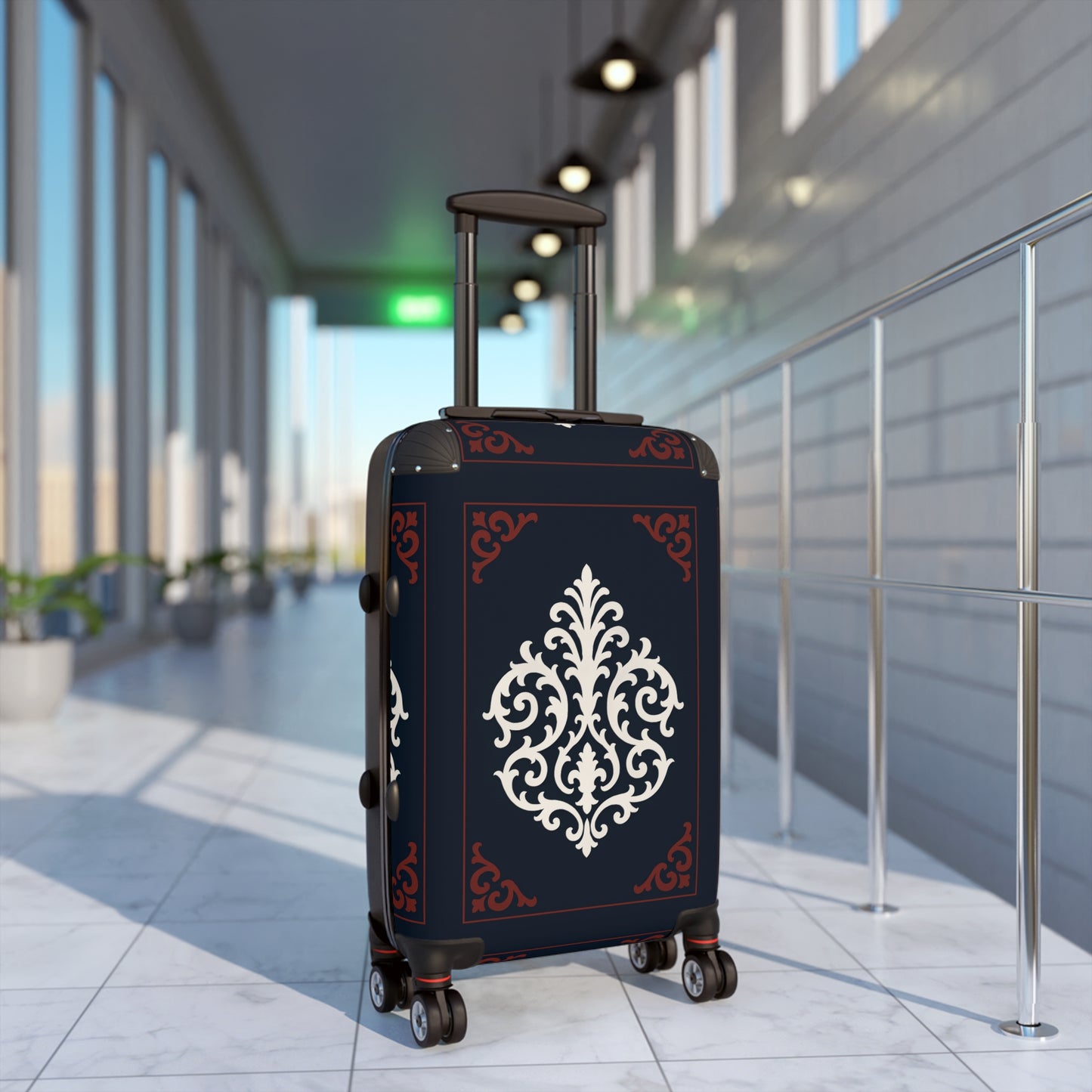 Dusk Blue-Maroon & White Baroque Carry-On Suitcase — Elegant Travel Luggage with Vintage White Medallion