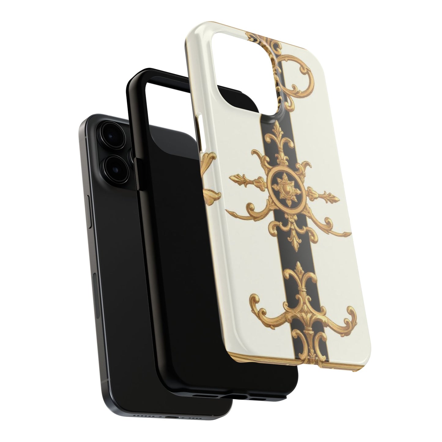 Elegant Baroque Tough Phone Case | Stylish Protection for Your Device, Gift for Her, Phone Accessories - Black & White Striped Gold Baroque